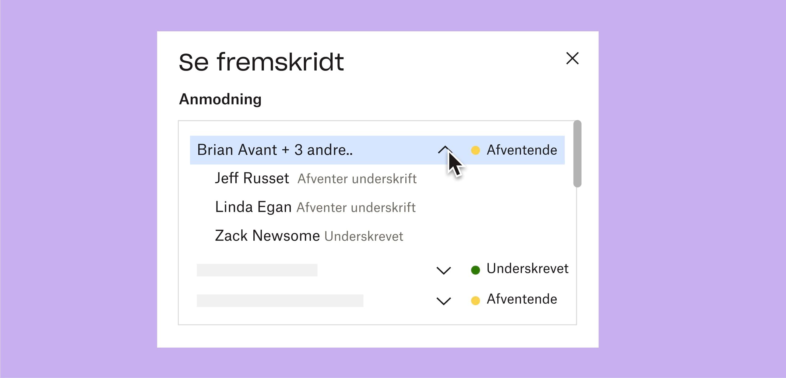 En bruger, der klikker på en rullemenu for at se, hvem der har skrevet under, og hvem der mangler at underskrive et afventende dokument