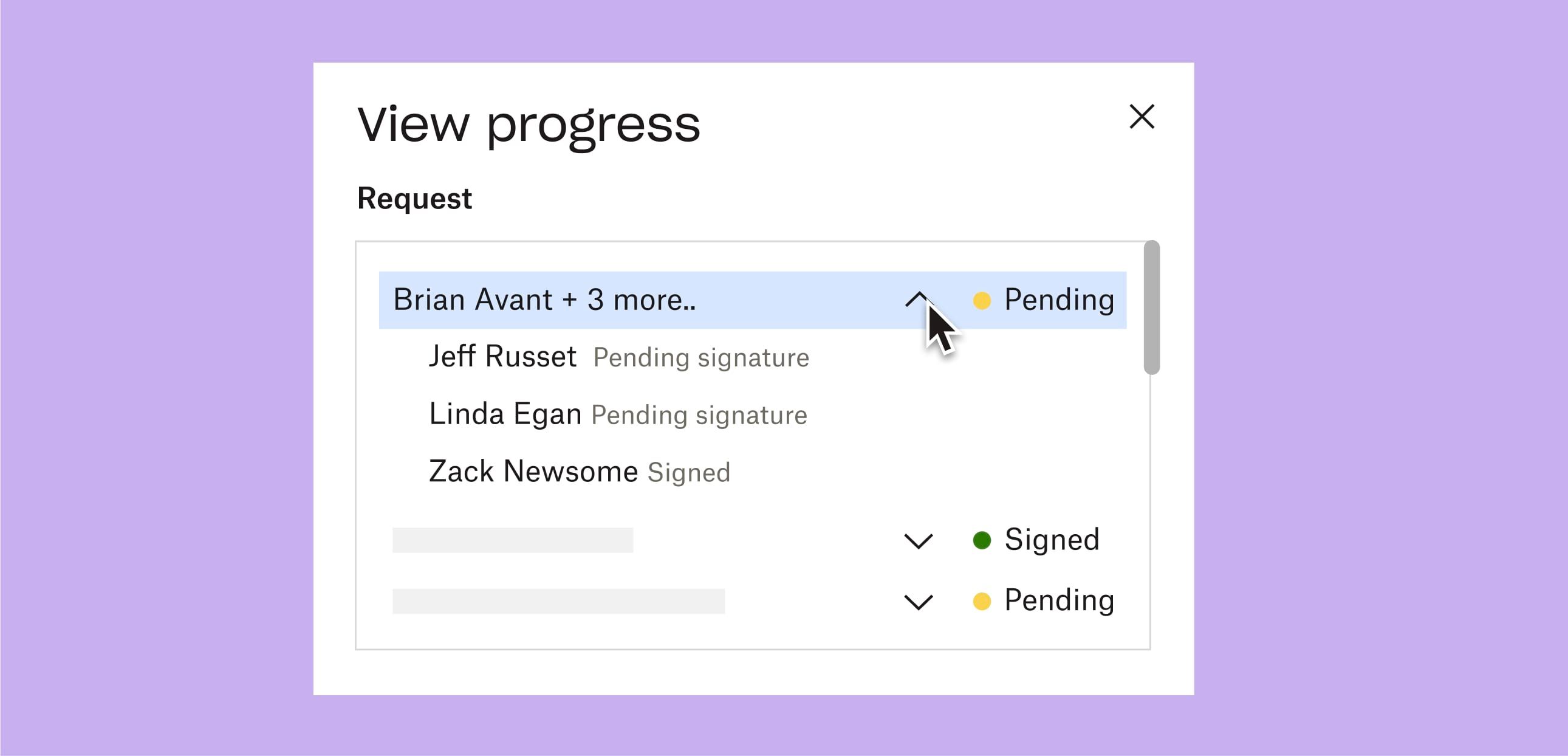 A user clicking on the a drop-down to see who has signed, and who still needs to sign, a pending document
