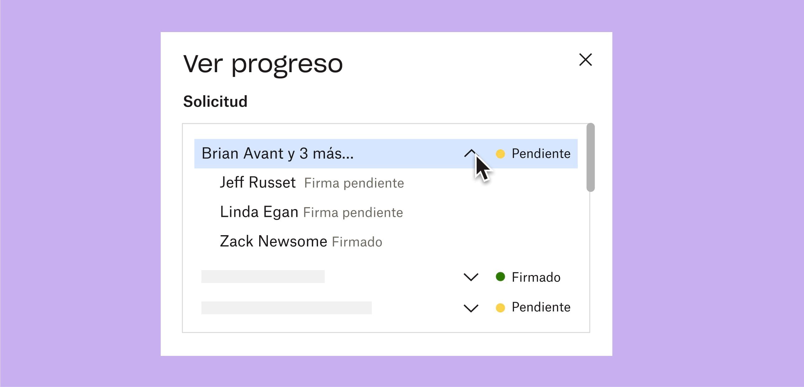 Un usuario haciendo clic en un menú desplegable para ver quién ha firmado un documento pendiente y quién no lo ha hecho todavía