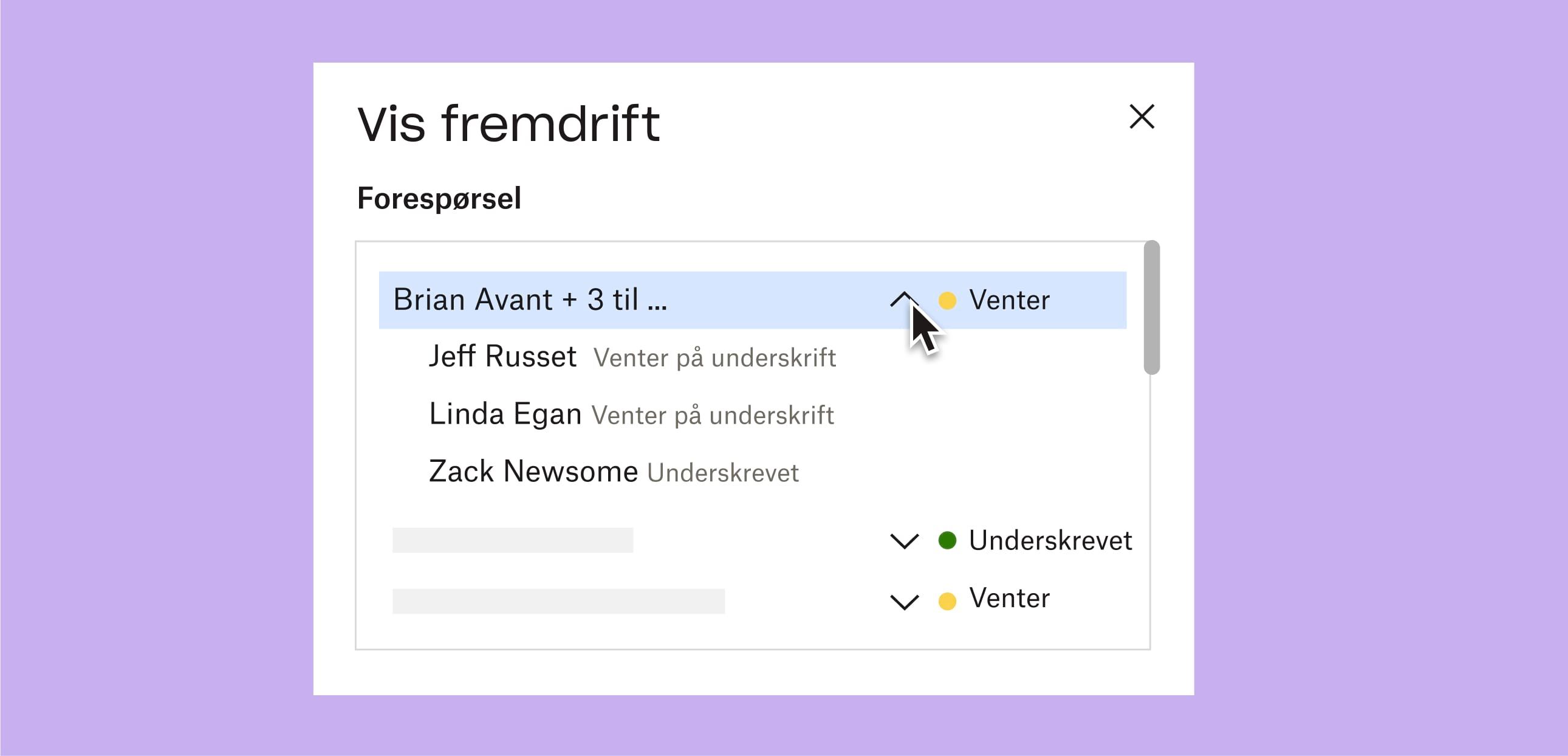 En bruker klikker på en rullegardinmeny for å se hvem som har skrevet under og hvem som må skrive under på et dokument.