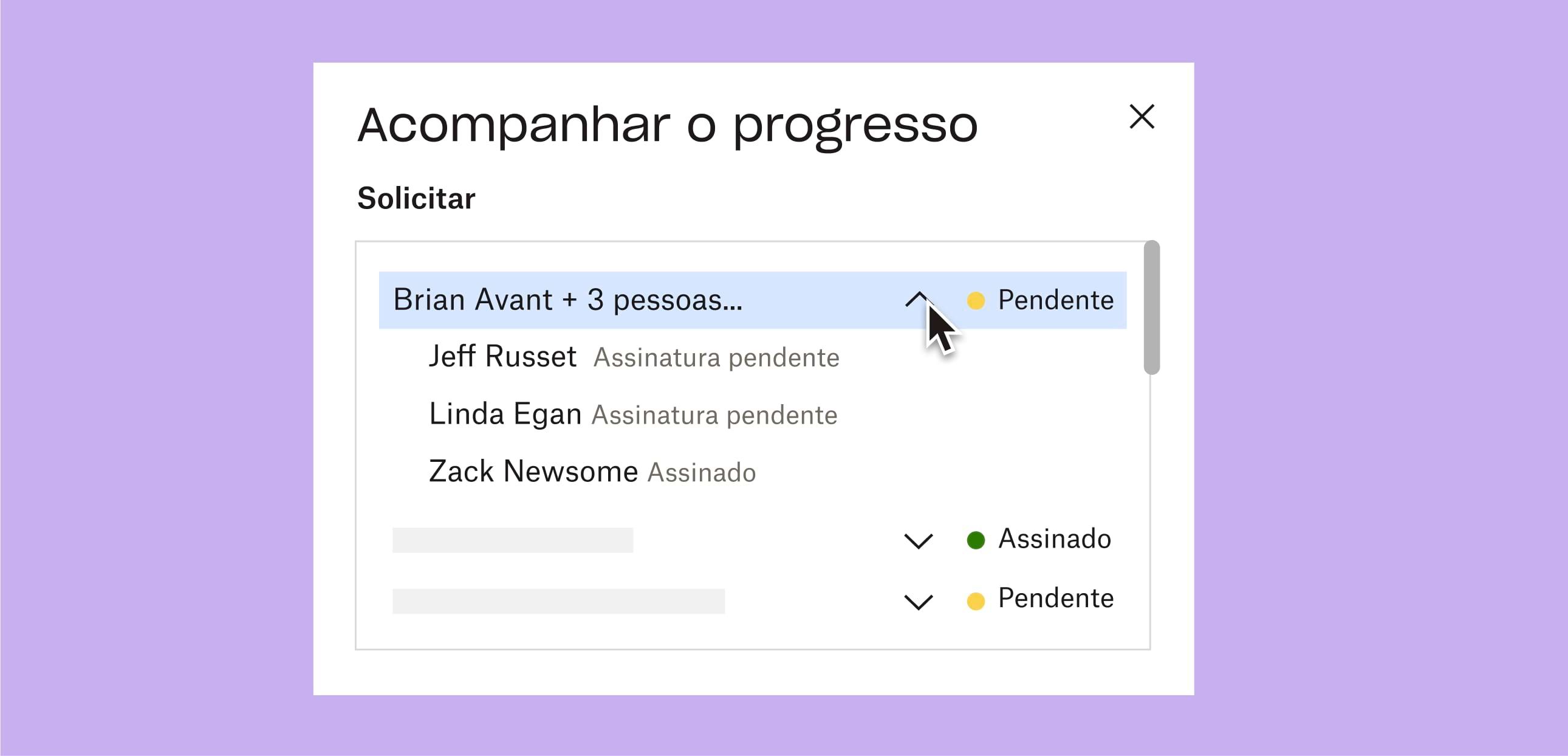 Um usuário clicando em um menu suspenso para ver quem assinou, e quem ainda precisa assinar, um documento pendente