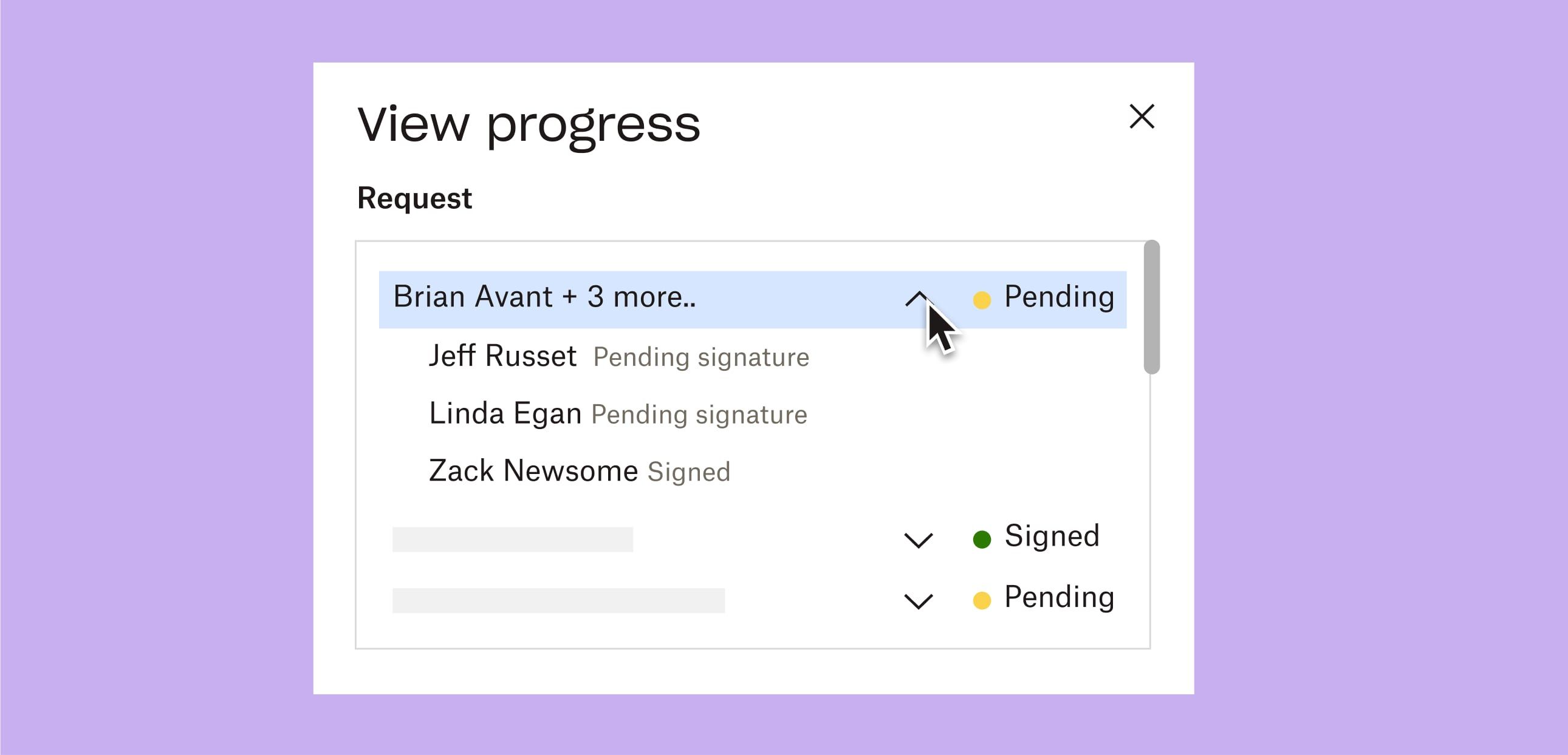 A user clicking the a dropdown to see who has signed, and who still needs to sign, a pending document