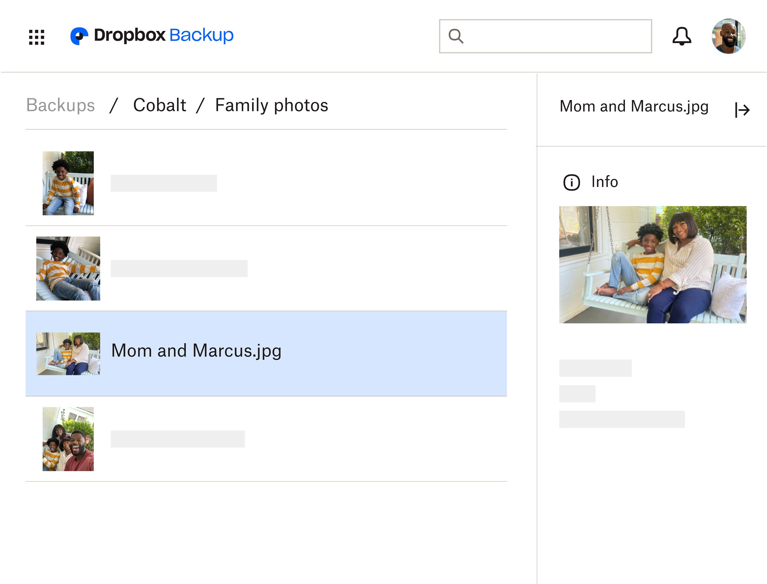 The Dropbox Backup interface in which a user views family photos