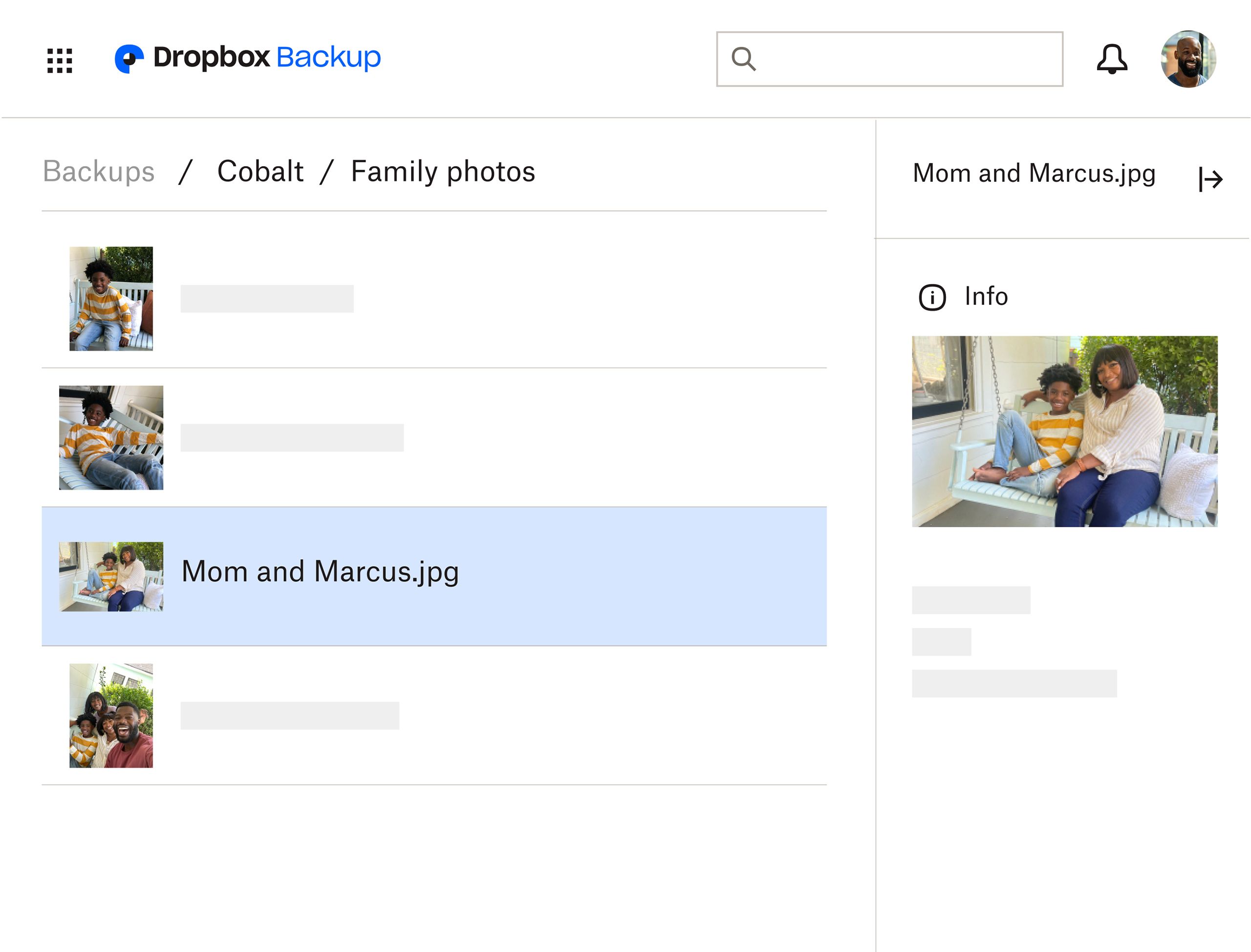 Dropbox Backup-grænsefladen, hvor en bruger ser familiebilleder