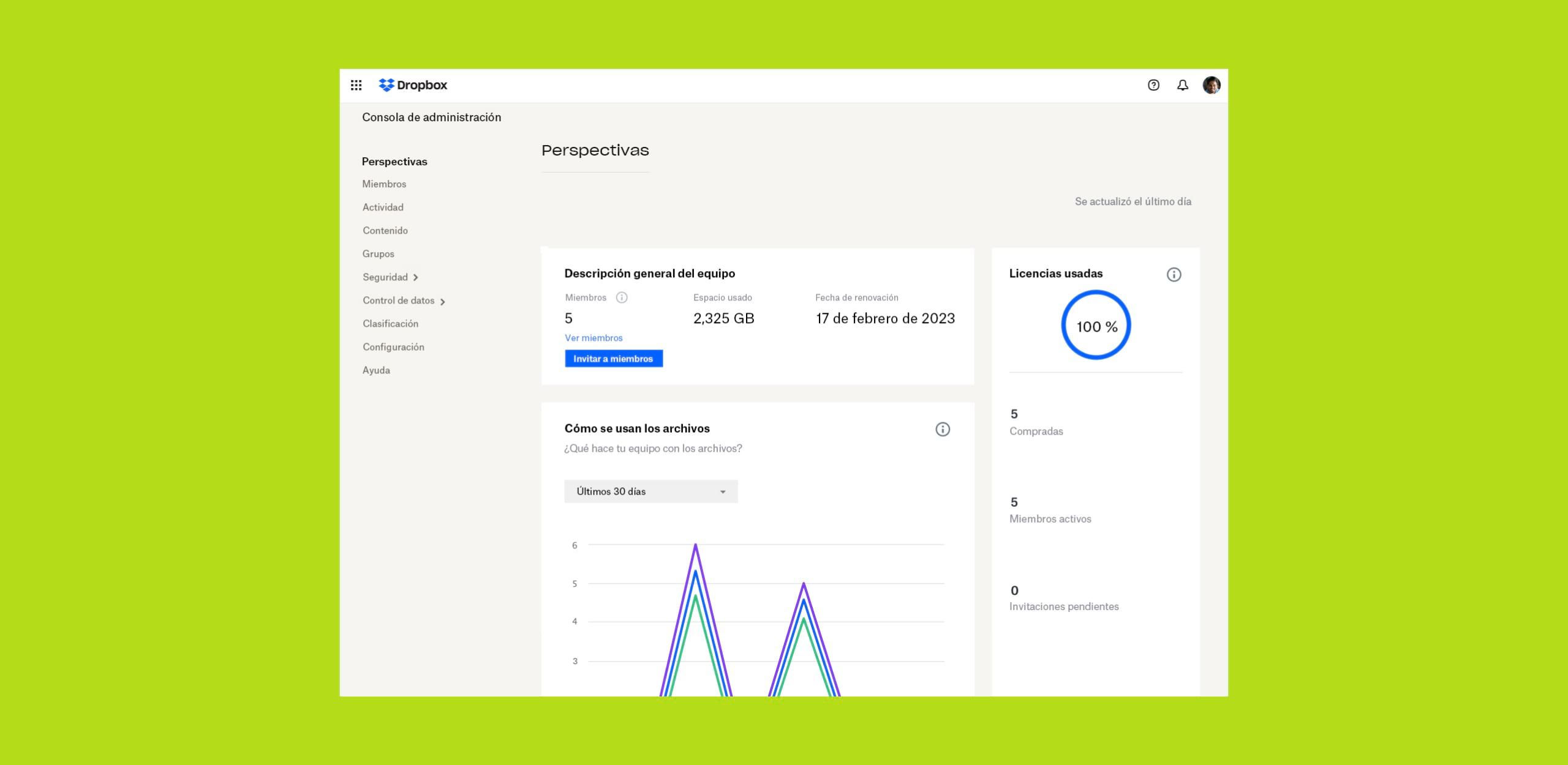 La consola de administración de Dropbox que incluye el número de usuarios en un equipo, el espacio utilizado, la fecha de renovación de la cuenta, el porcentaje de licencias utilizadas y los gráficos con líneas azul y morada que indican el uso de los archivos