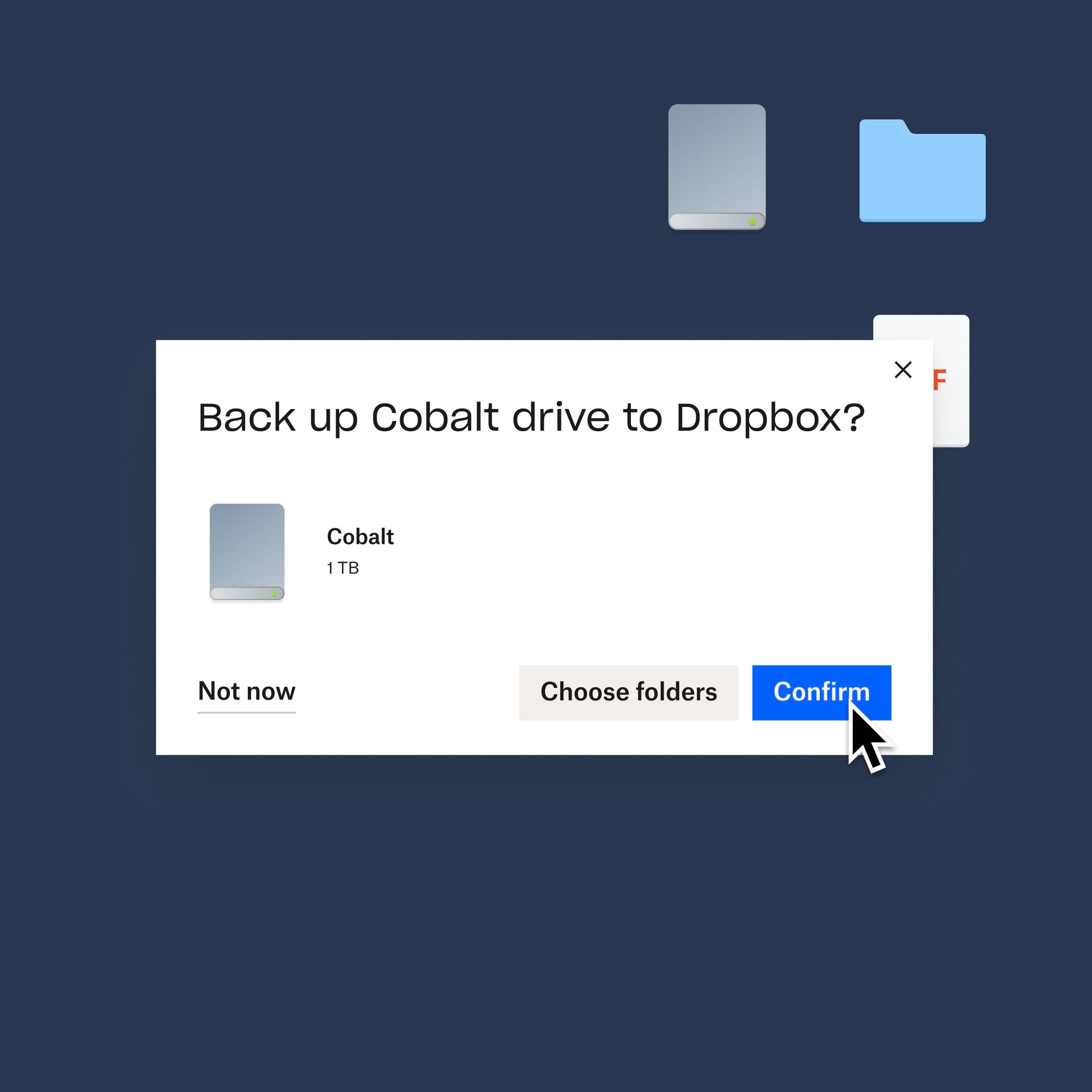 A user clicking a blue ‘confirm’ button to back up their Cobalt drive to Dropbox