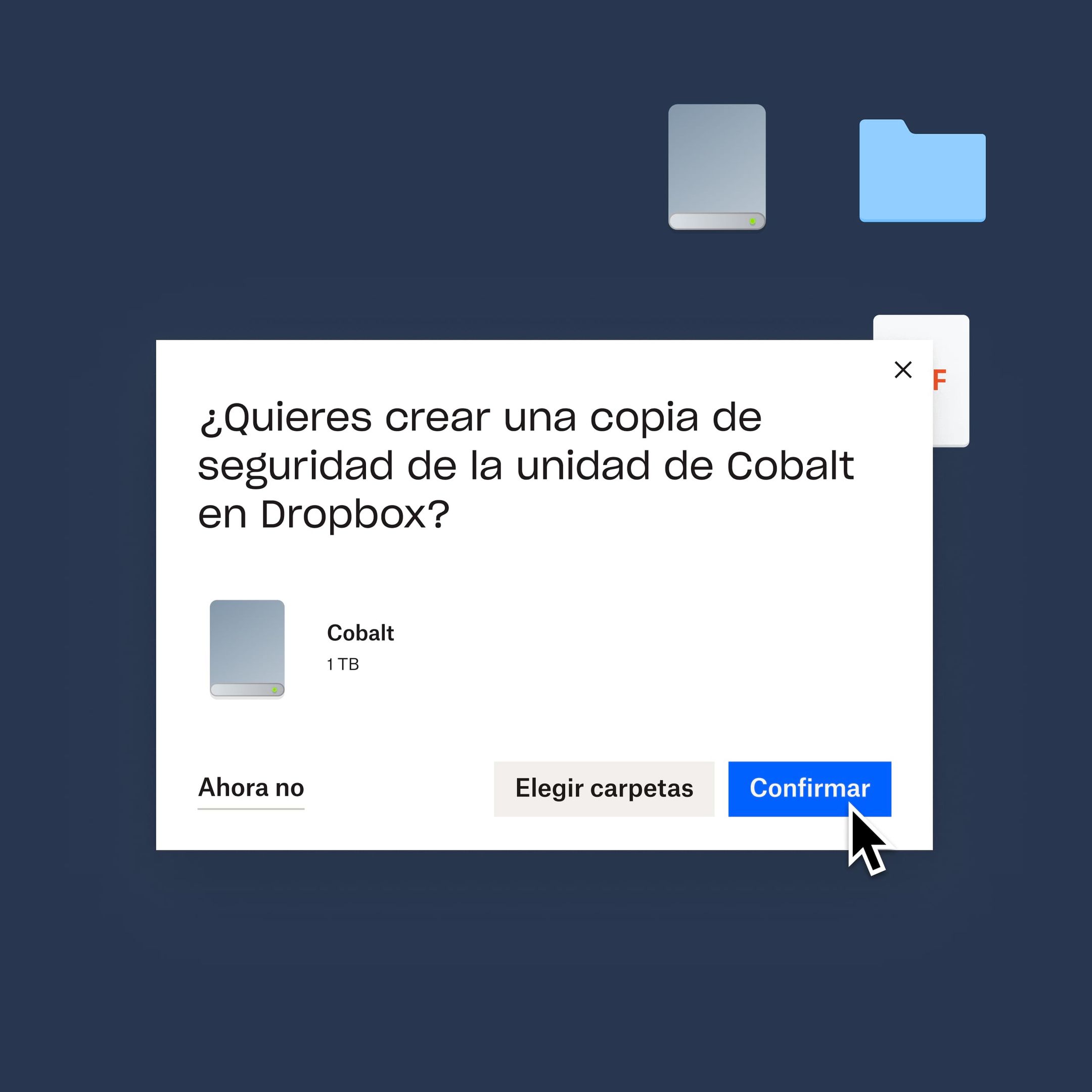 Un usuario hace clic en un botón azul "Confirmar" para hacer una copia de seguridad de su unidad Cobalt en Dropbox