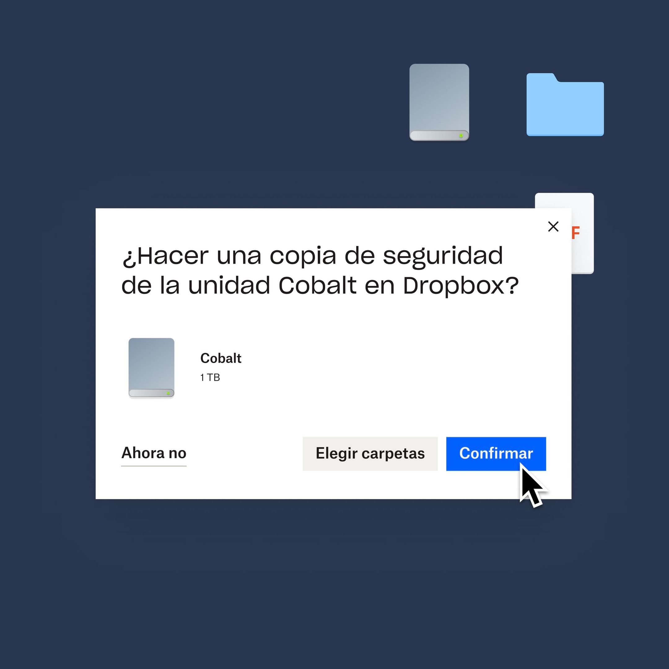 Usuario haciendo clic en un botón de confirmación azul para hacer una copia de seguridad de su disco Cobalt en Dropbox