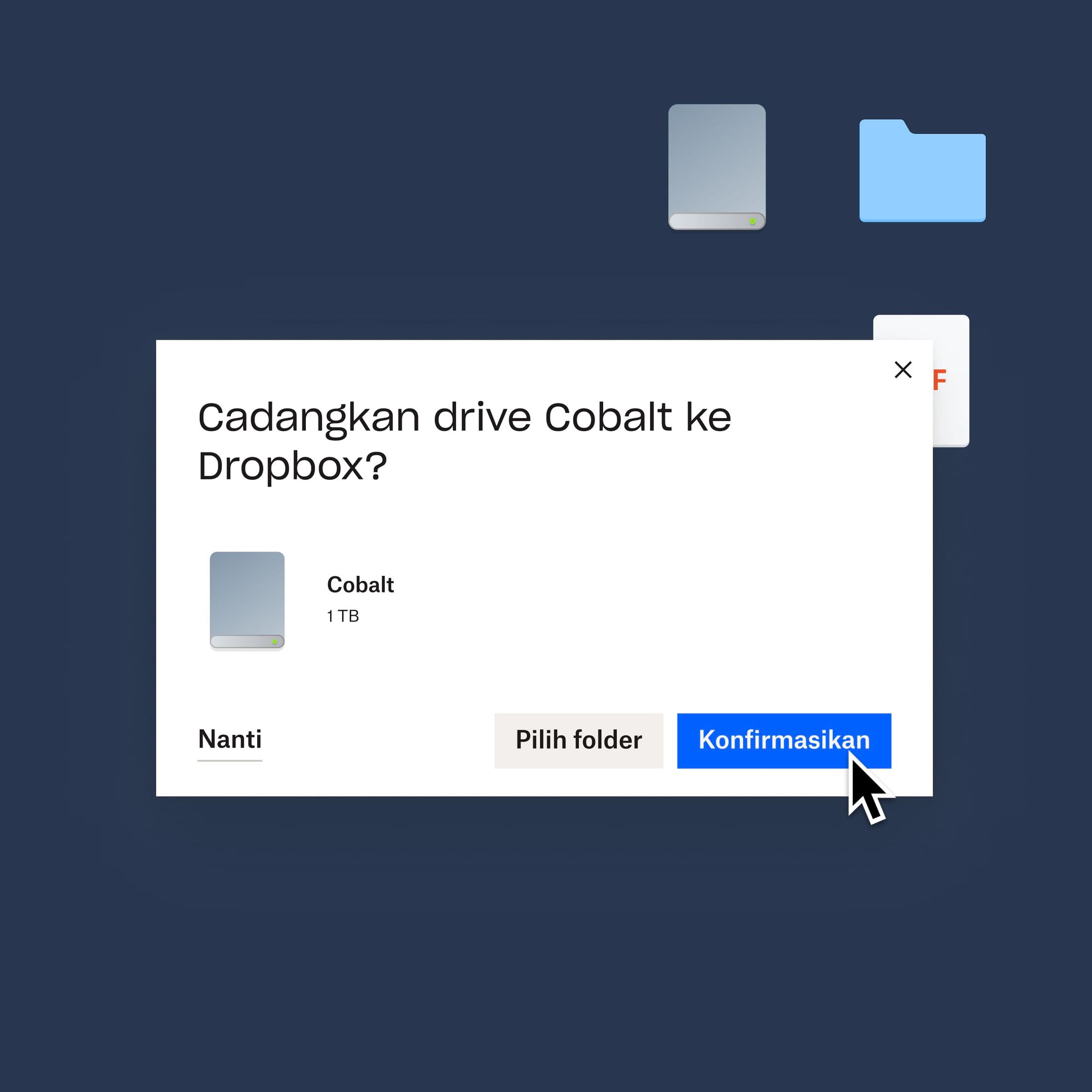 Seorang pengguna mengklik tombol &quot;konfirmasi&quot; biru untuk mencadangkan drive Cobalt mereka ke Dropbox