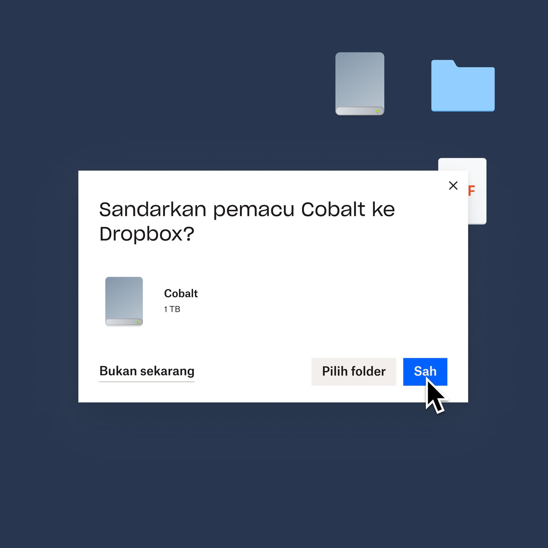 Seorang pengguna mengklik pada butang “sahkan” berwarna biru untuk menyandarkan pemacu Kobalt mereka kepada Dropbox