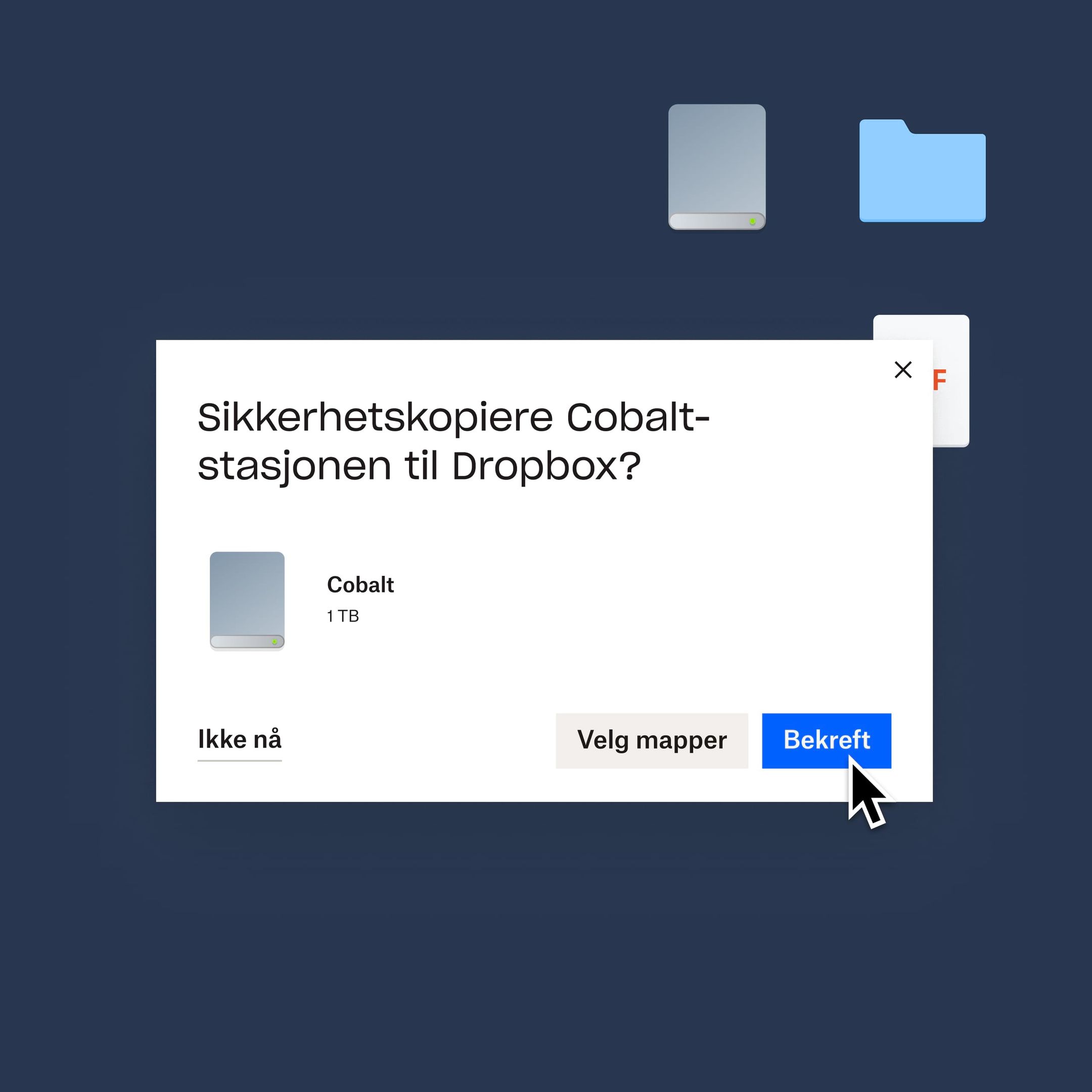 En bruker som klikker på en blå «bekreft»-knapp for å sikkerhetskopiere Cobalt-stasjonen til Dropbox