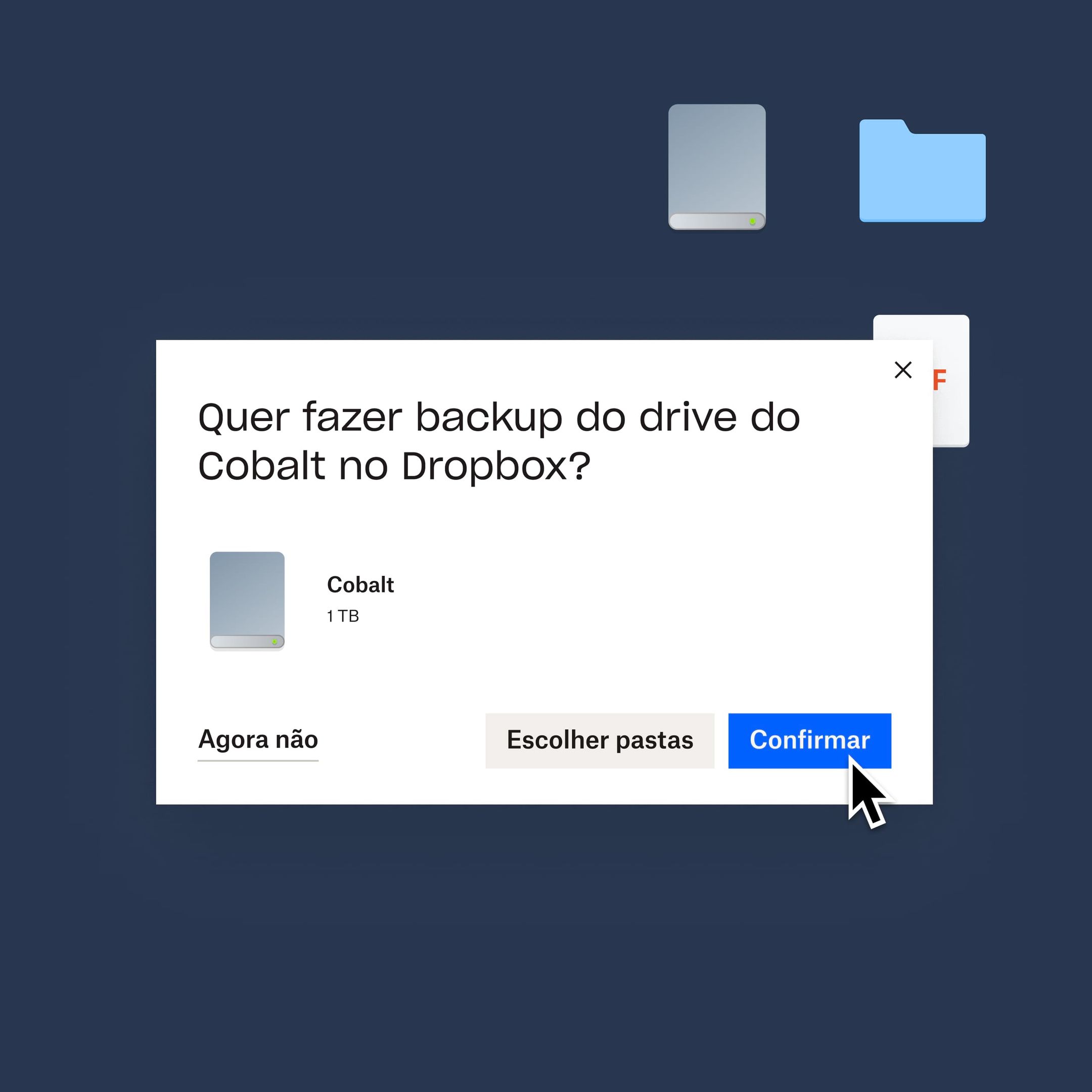Usuário clicando no botão azul de &quot;confirmar&quot; para fazer backup da unidade da Cobalt no Dropbox