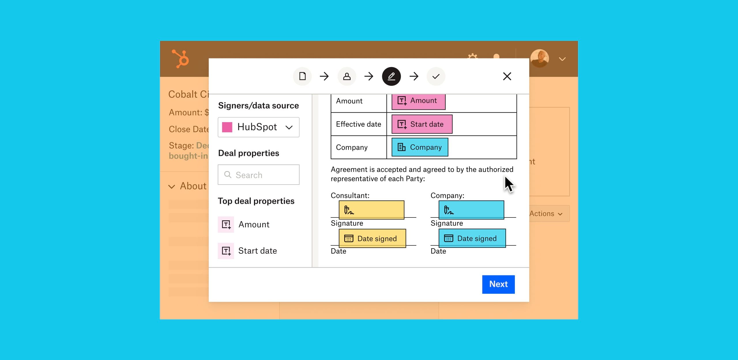 Blue, pink, and yellow form fill boxes in a digital contract that show where contract amount, company name, dates, and signatures should be added