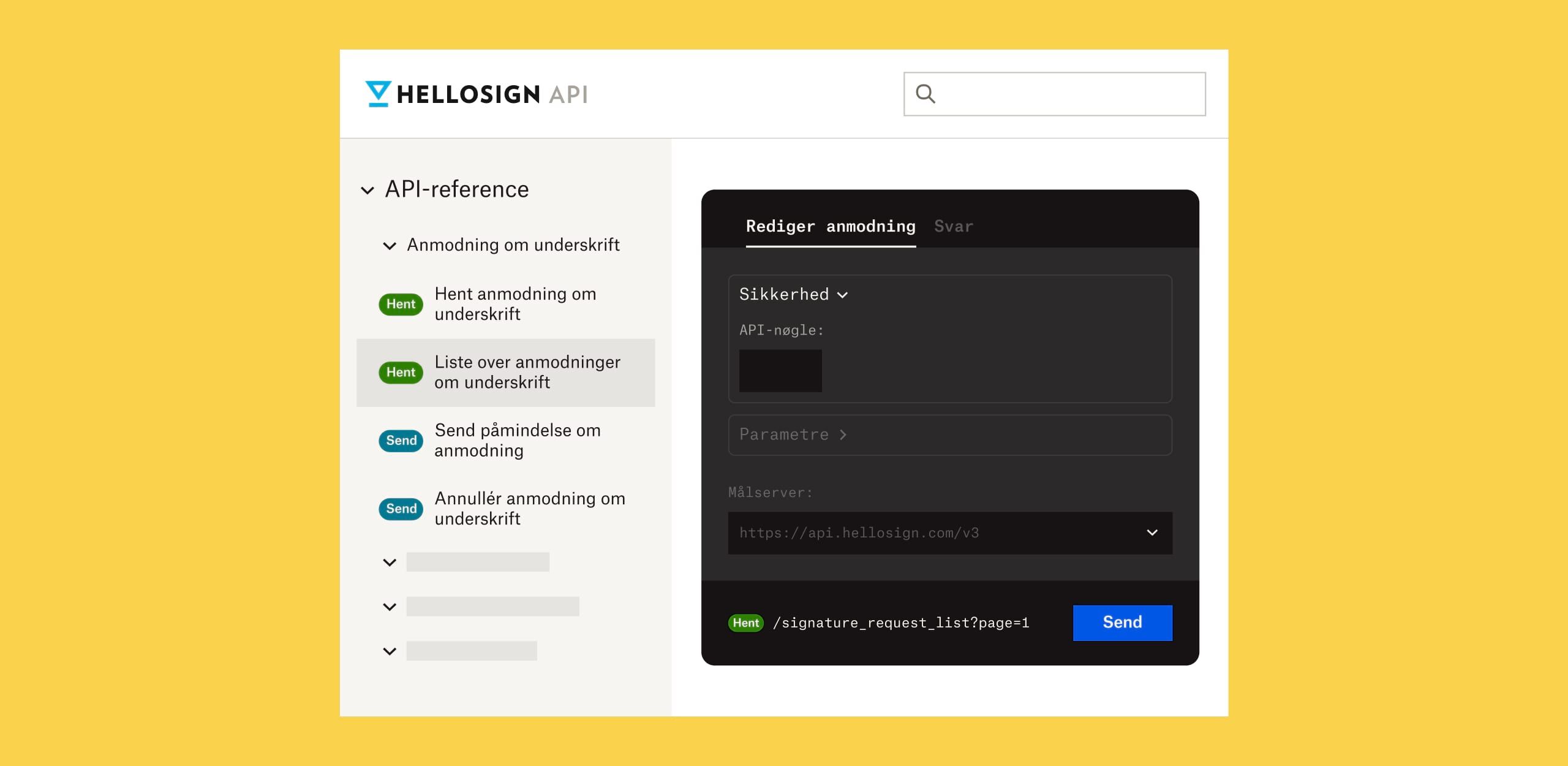 HelloSign API-referenceskærmen med svag hvid tekst på en sort baggrund