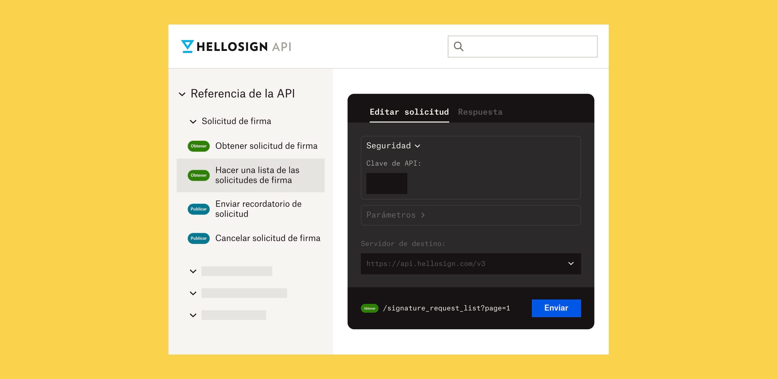 La pantalla de referencia de la API de HelloSign con un tenue texto blanco sobre fondo negro