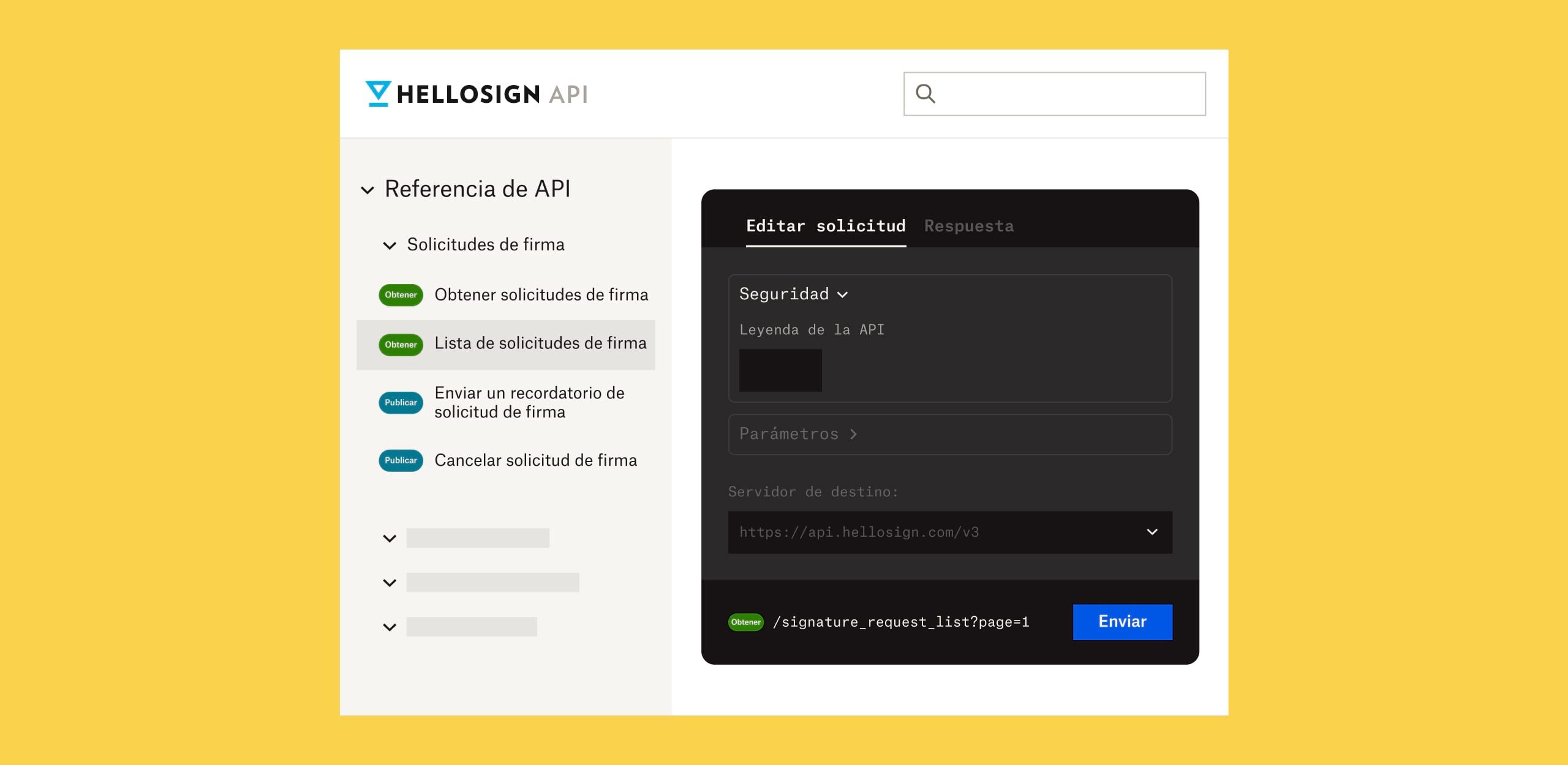 Pantalla de referencia de HelloSign API con un texto blanco apagado sobre un fondo negro
