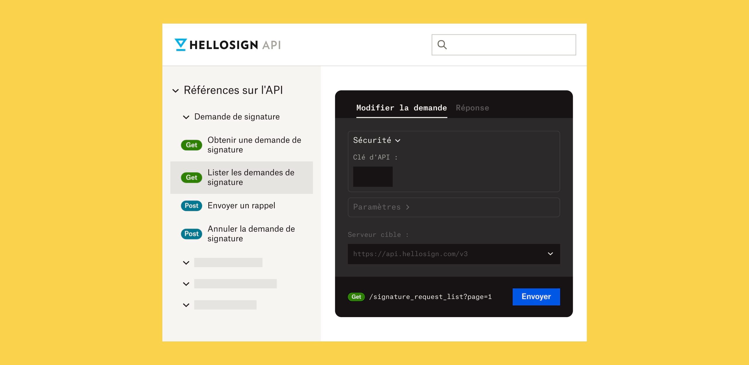Écran sur les références HelloSign API avec du texte gris clair sur un fond noir
