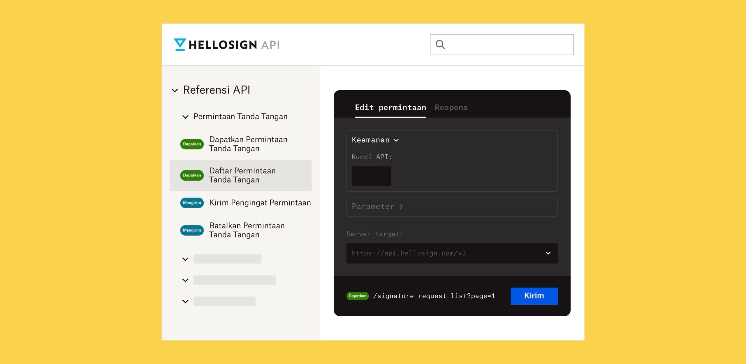 Layar referensi API HelloSign dengan teks putih samar pada latar belakang hitam