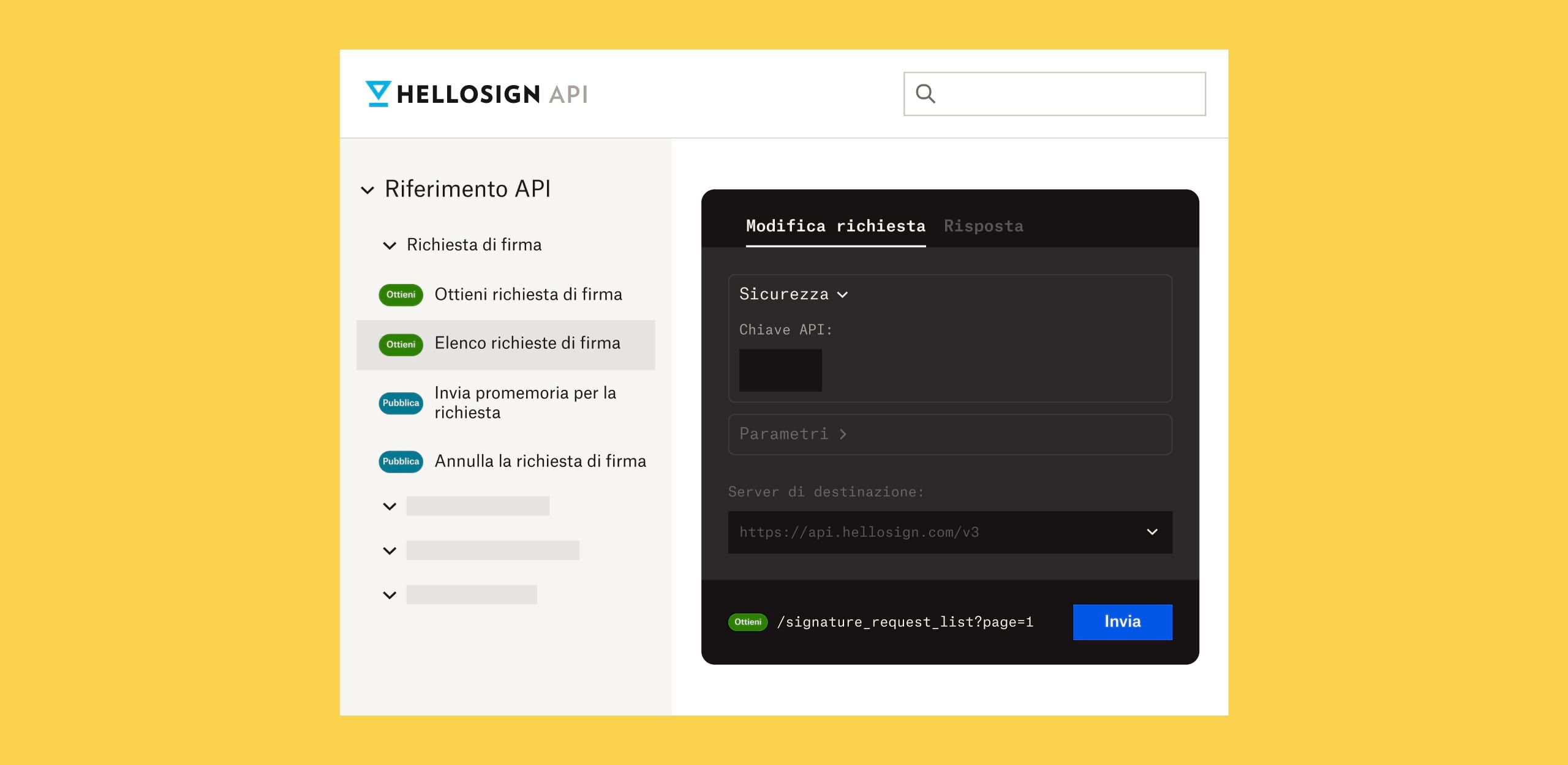 Schermata di riferimento dell'API HelloSign con testo bianco tenue su sfondo nero