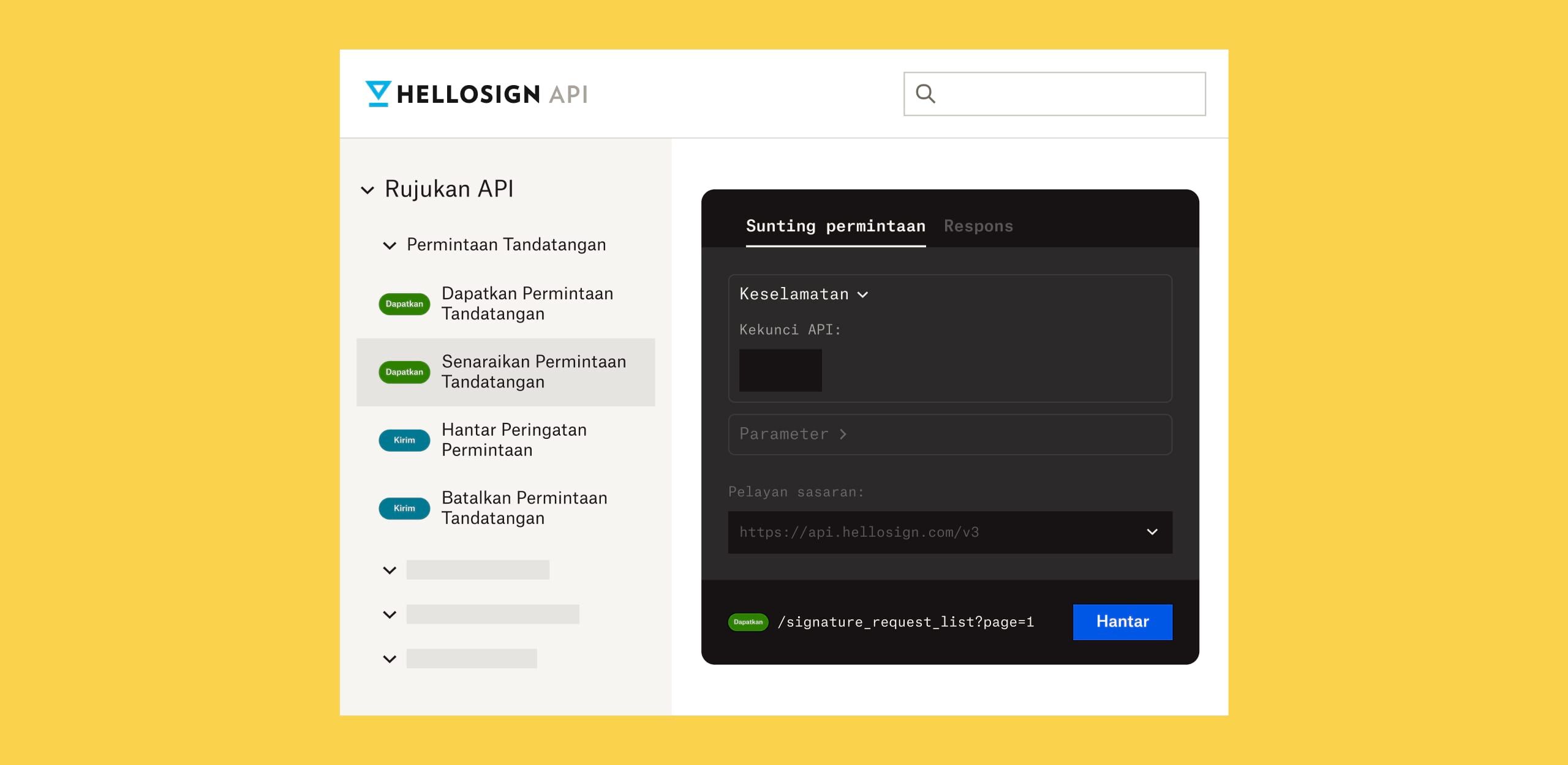 Skrin rujukan API HelloSign dengan teks putih samar pada latar belakang hitam