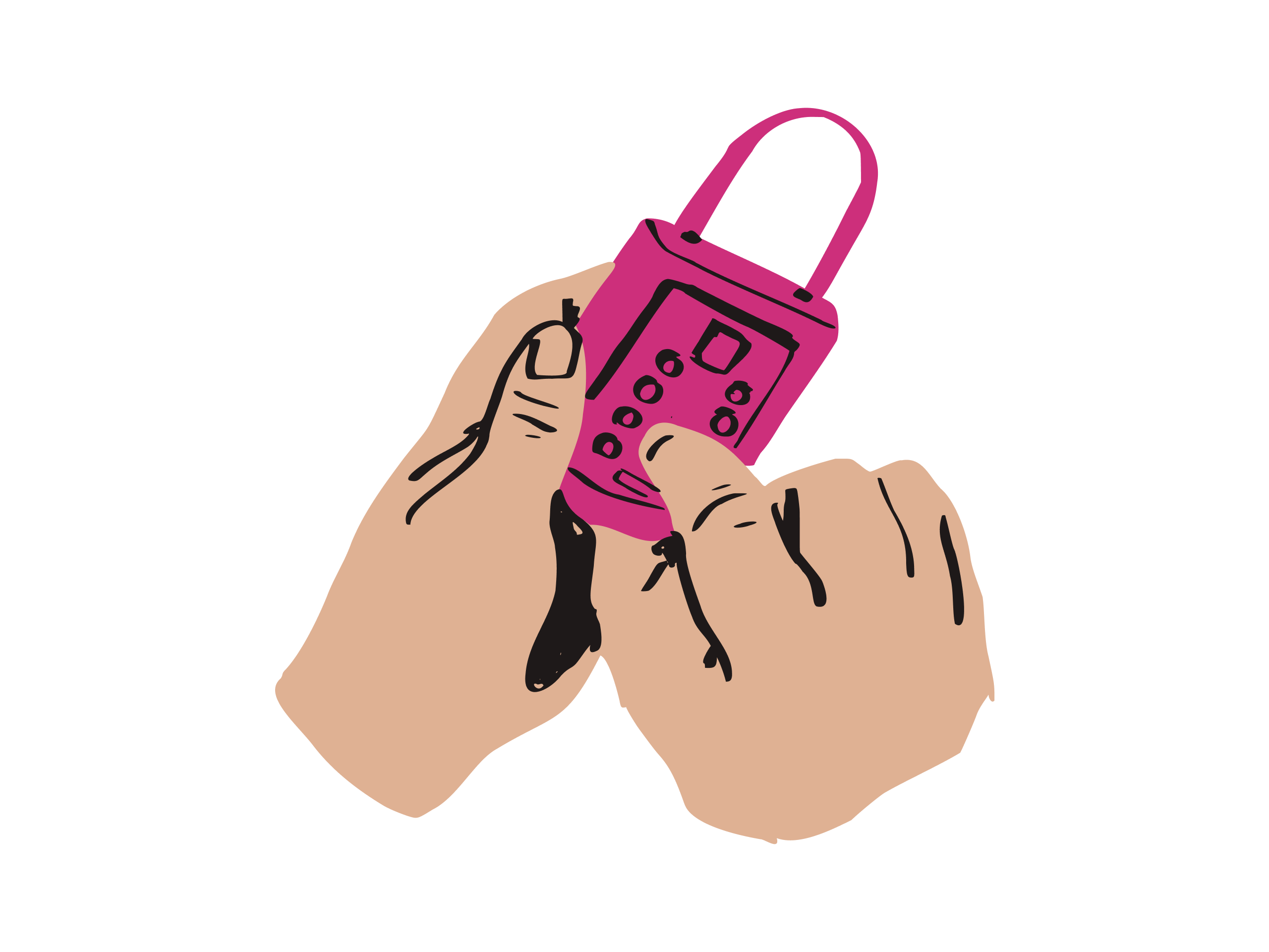 An illustration of hands entering combination on a padlock