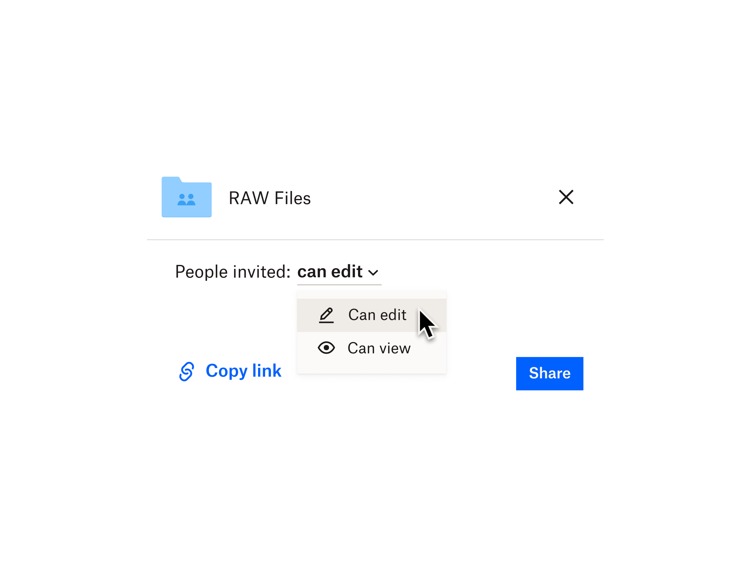 A interface do Dropbox na qual um usuário define as permissões de edição para uma pasta de arquivos RAW