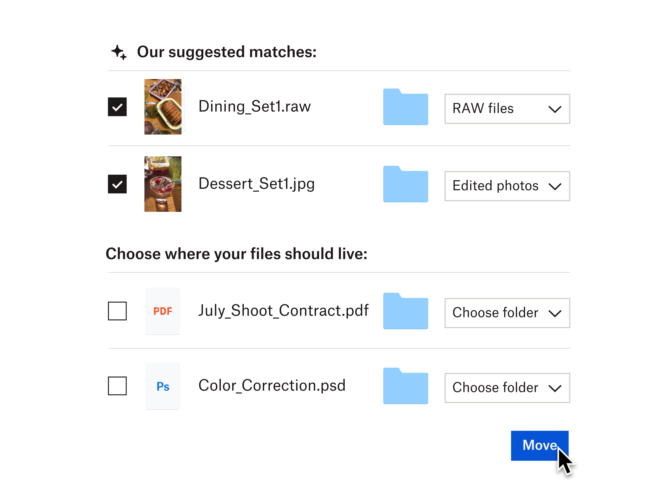 The Dropbox interface in which a user is presented with options for moving multiple files