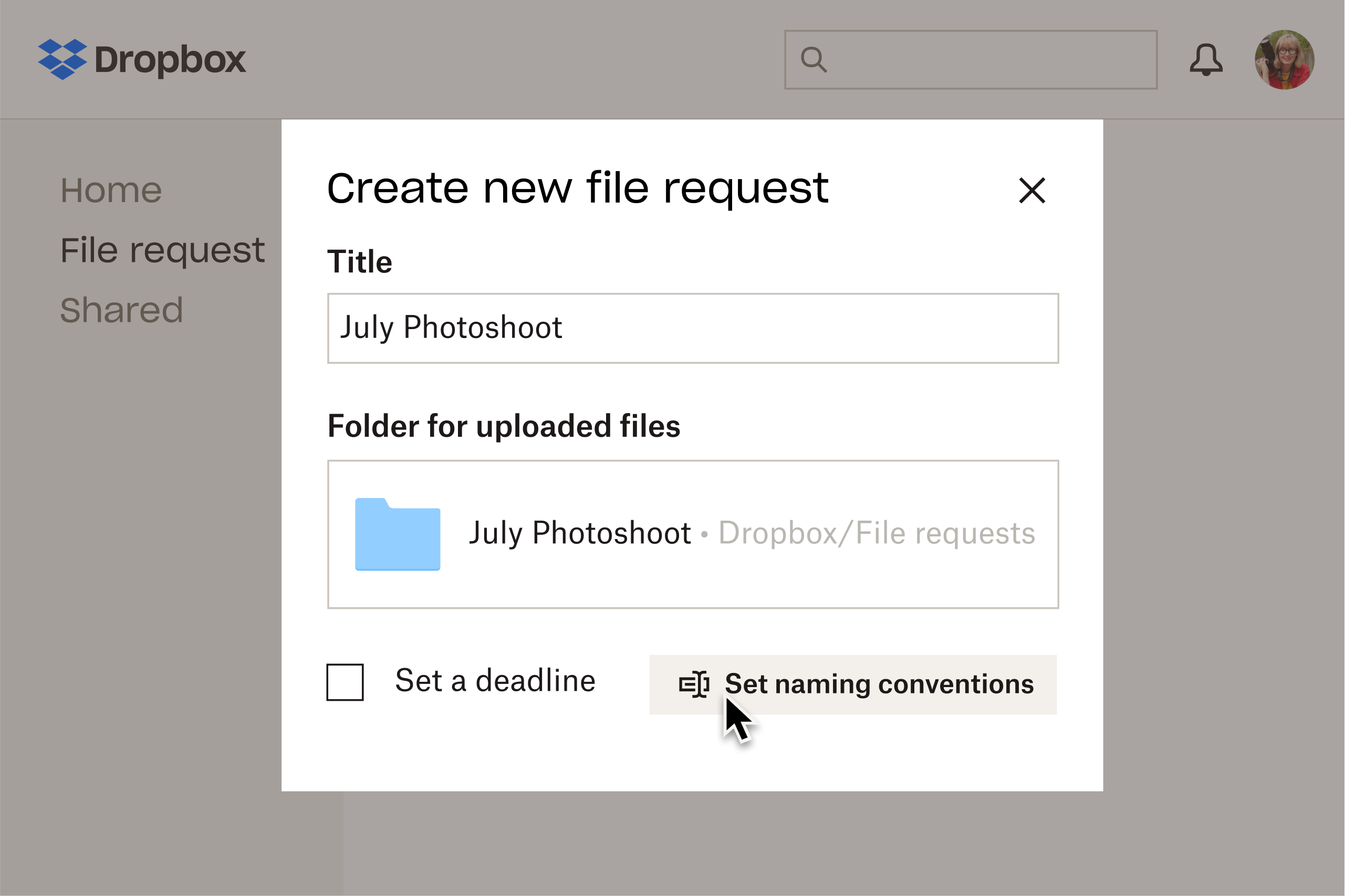 The Dropbox interface in which a user sets naming conventions for file requests