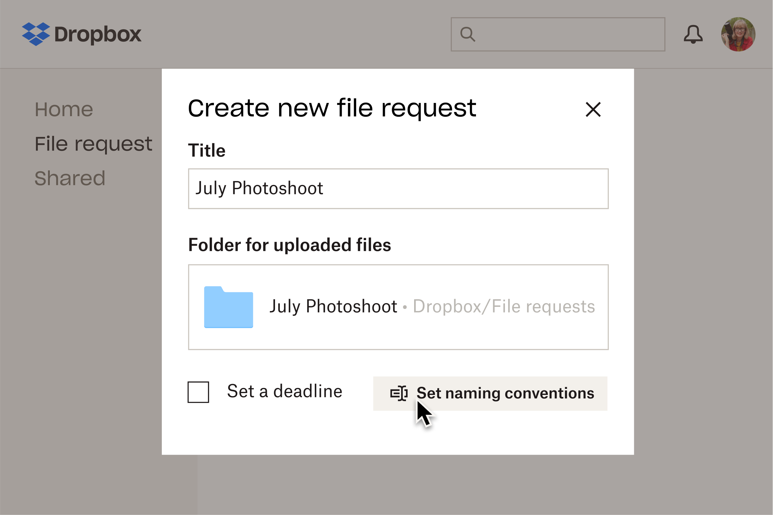 Interface Dropbox dans laquelle un utilisateur définit des autorisations pour les demandes de fichiers