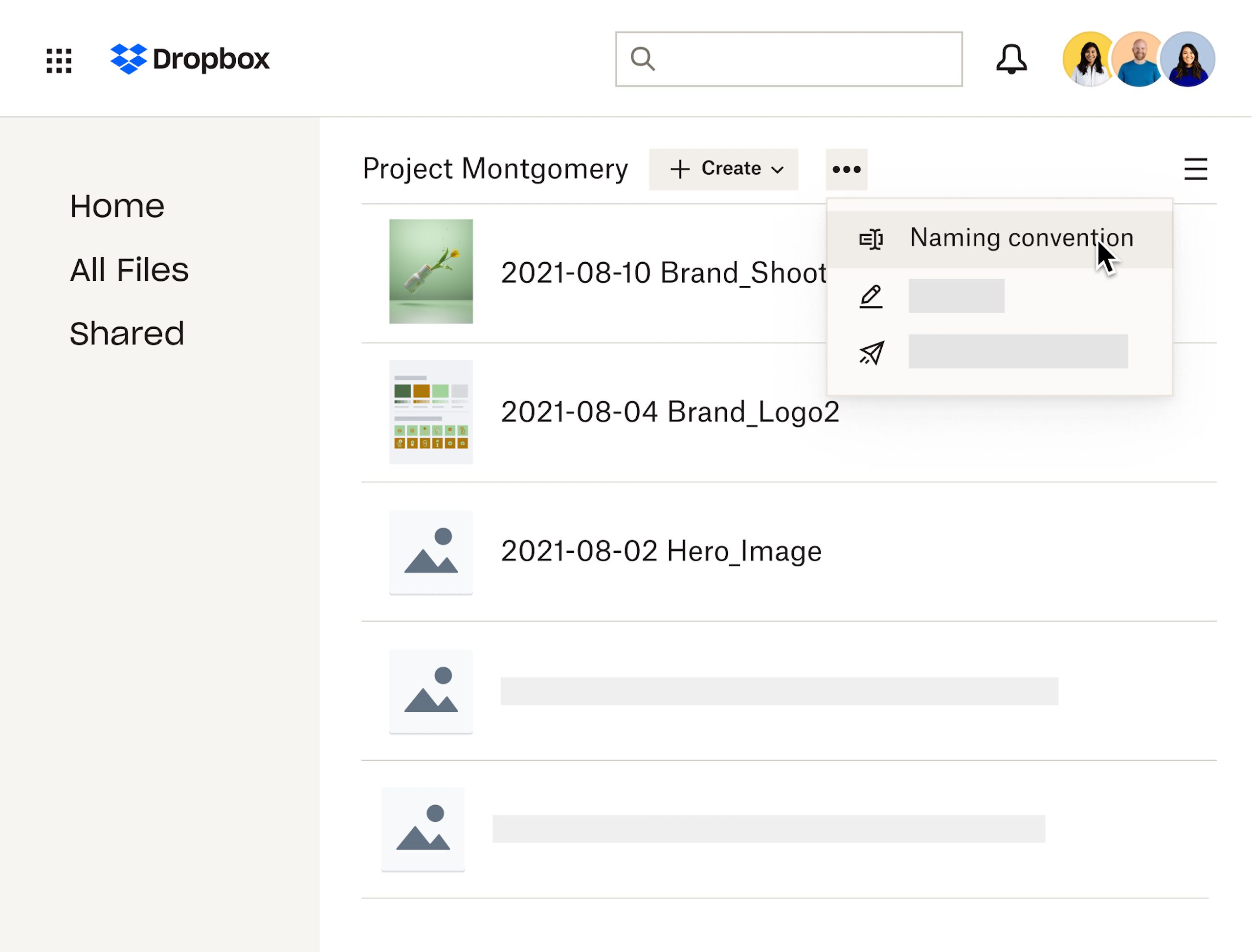 The Dropbox interface in which a user sets a naming convention for a list of files
