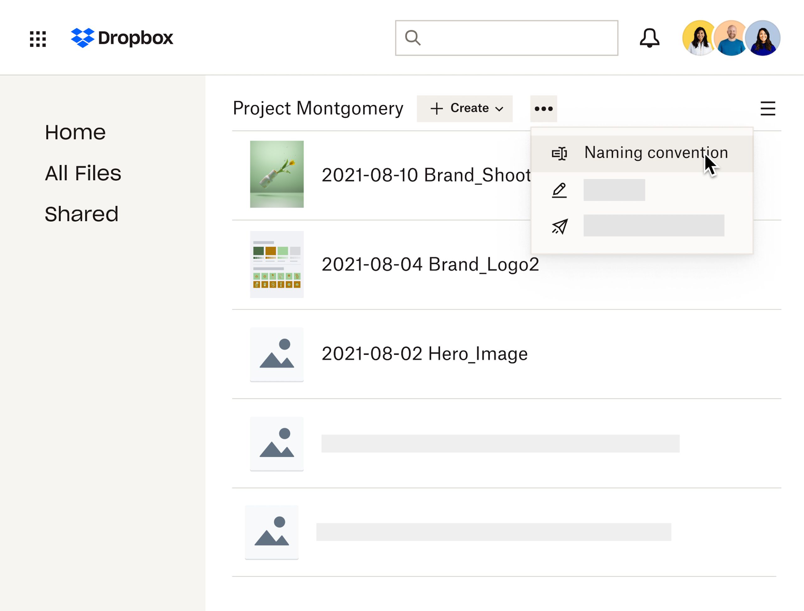 사용자가 파일 목록의 명명 규칙을 설정하는 Dropbox 인터페이스