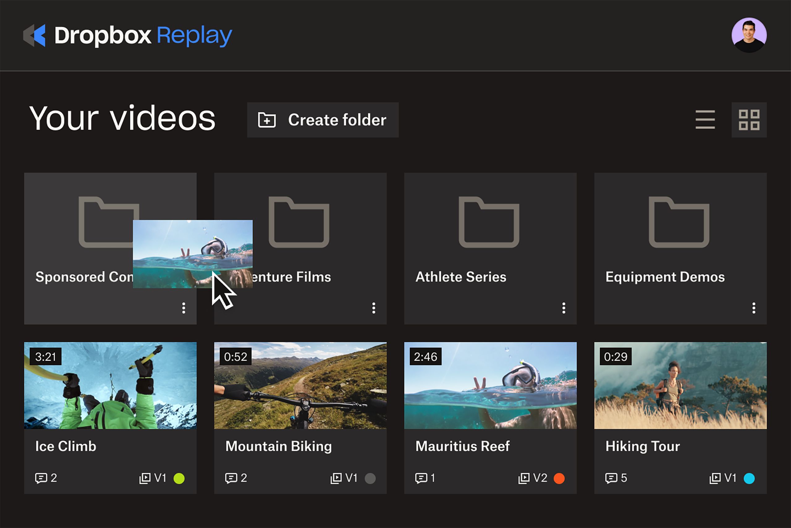 Interface Dropbox Replay dans laquelle un utilisateur déplace une vidéo vers un dossier