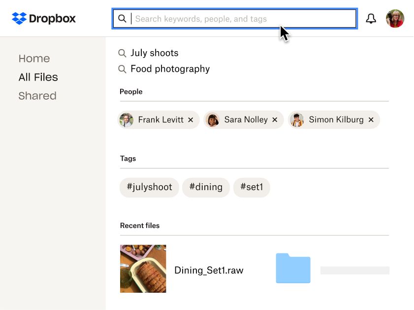 The Dropbox interface in which a user searches for food content by recent searches, collaborators, tags and recent files