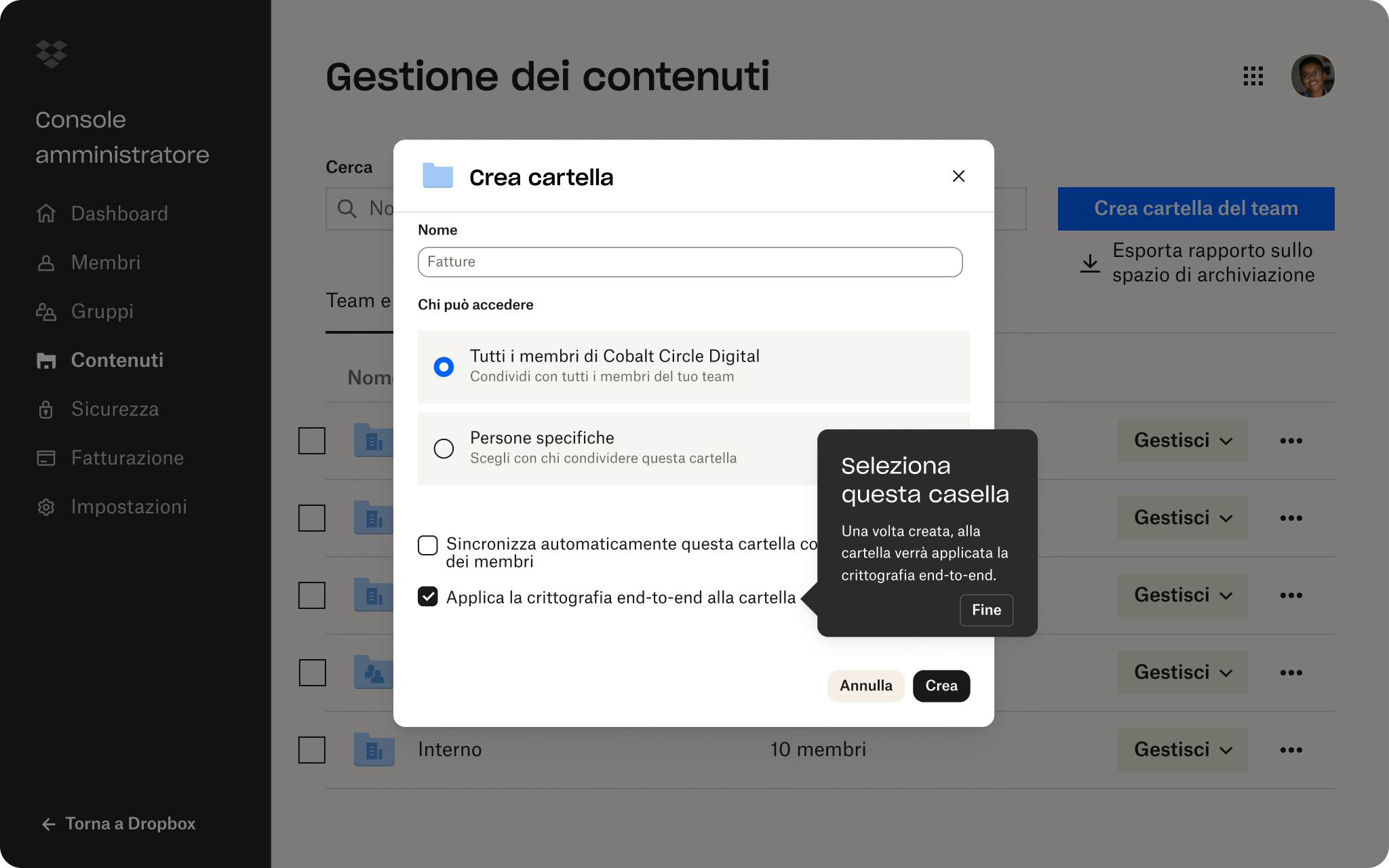 Schermata dell'interfaccia utente della cartella con crittografia della console amministratore