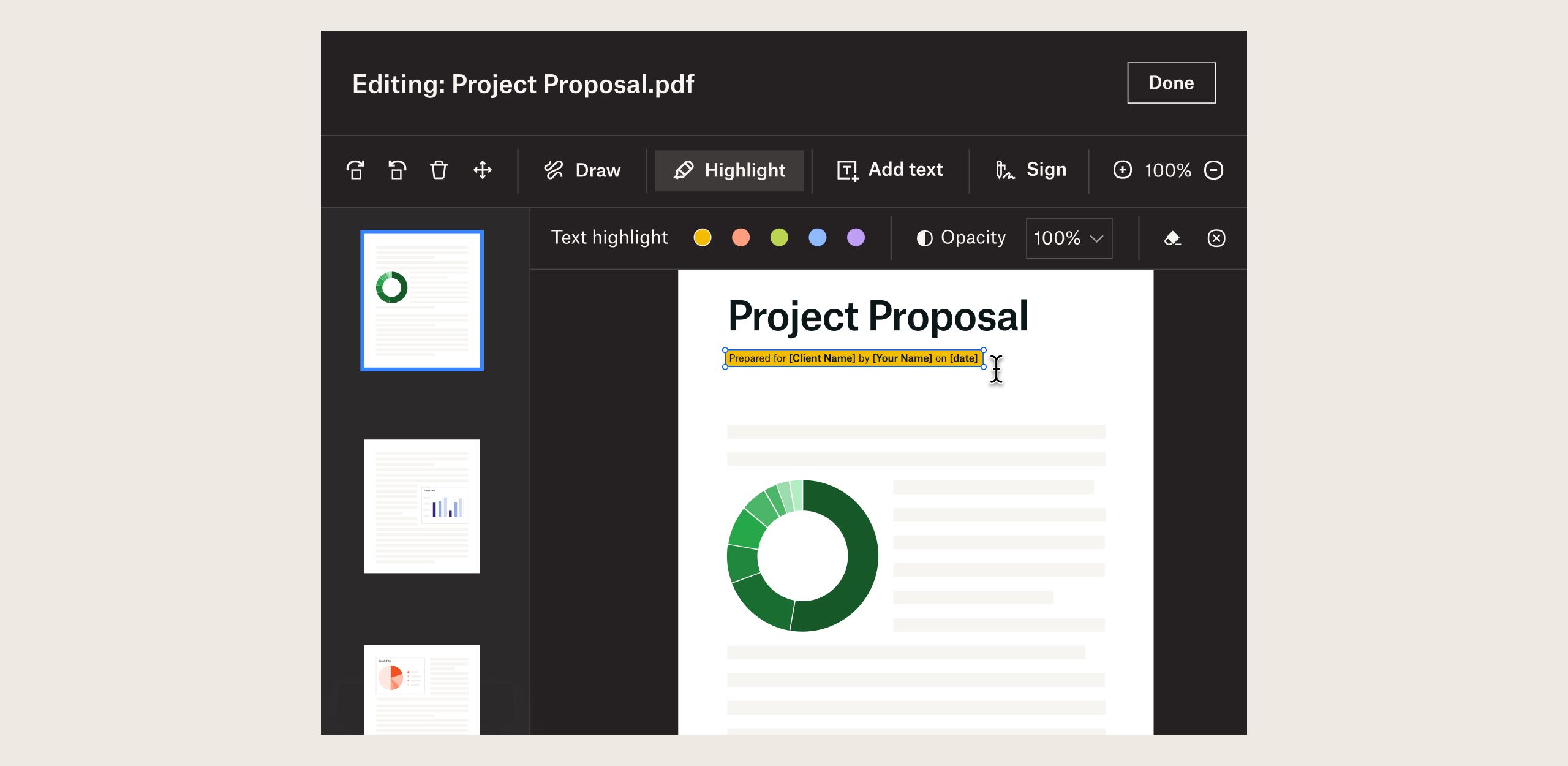 Product UI shows PDF editing capabilities