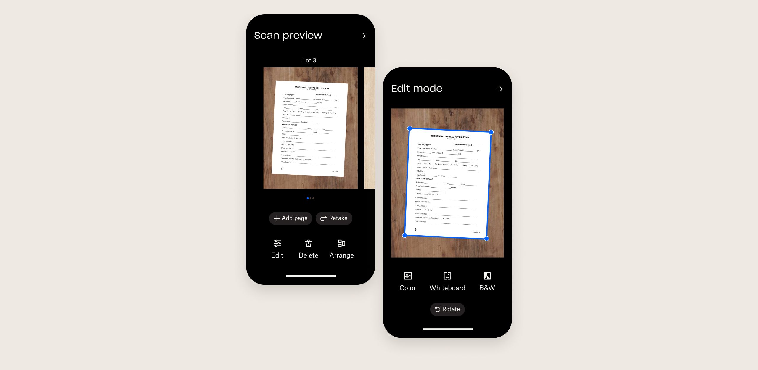 Two mobile screens show multi-document scanning