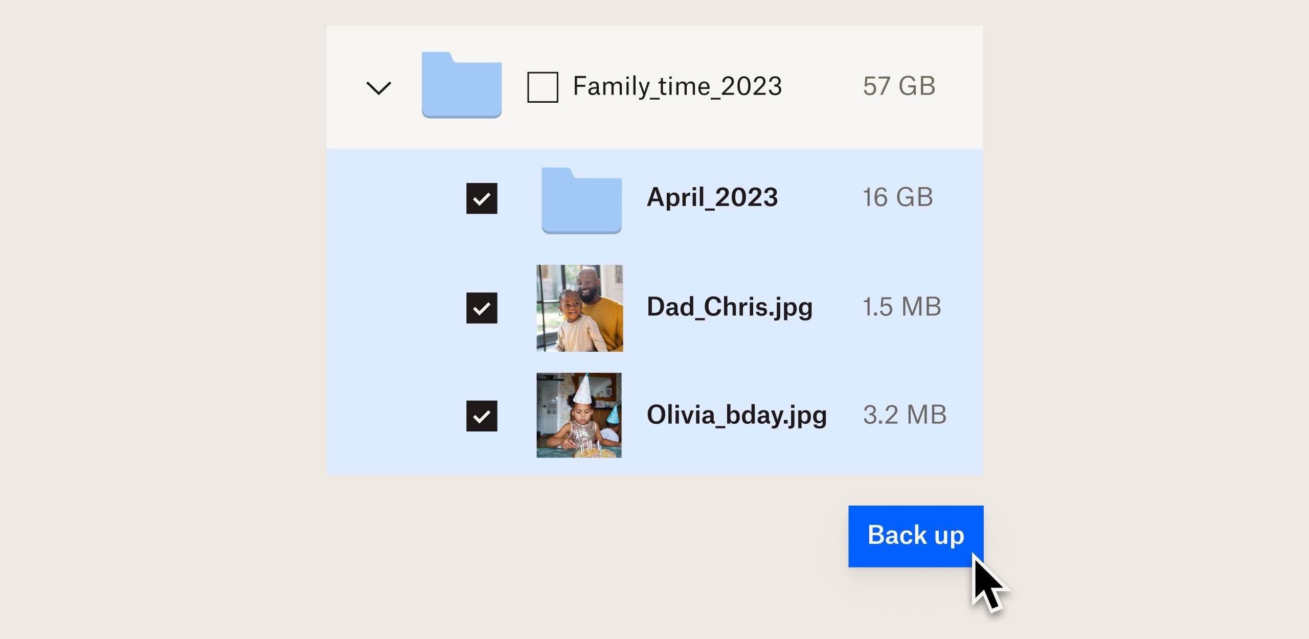 Interfejs użytkownika produktu, w którym przedstawiono, jak tworzyć kopie zapasowe plików w folderze