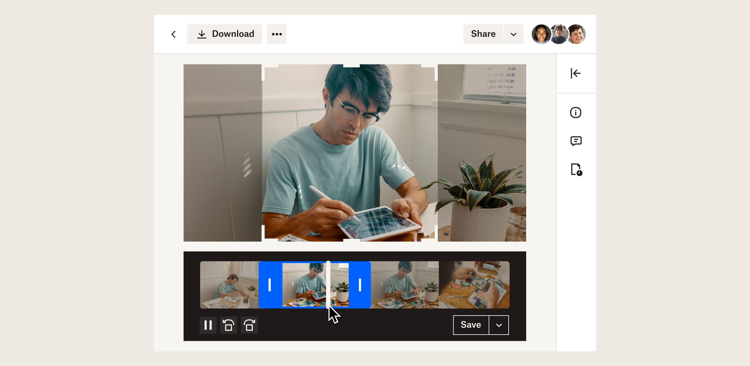 Product UI shows video editing features like timeline cropping