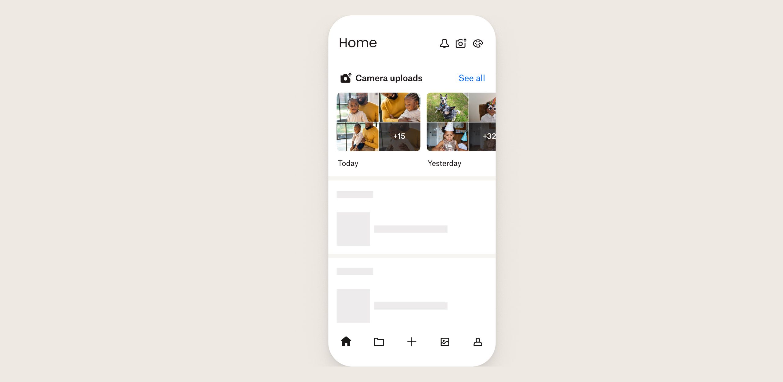 Product UI shows camera uploads in Dropbox app for iOS,