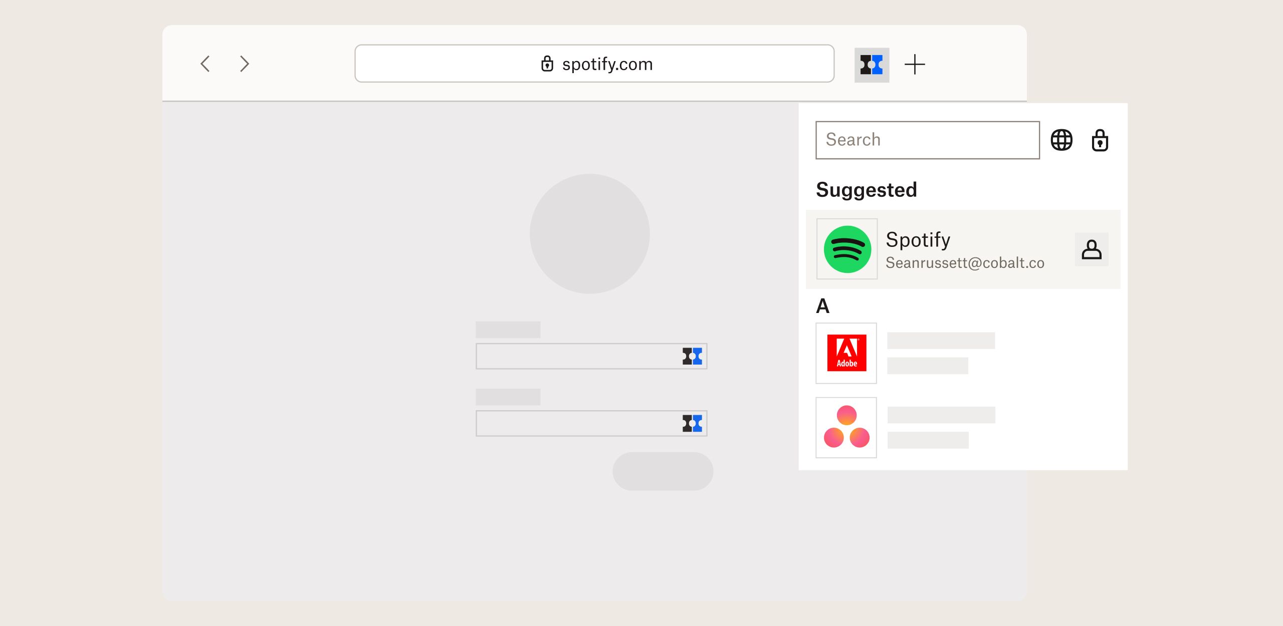 Dropbox Passwords の検索機能を示す製品ユーザー インターフェース