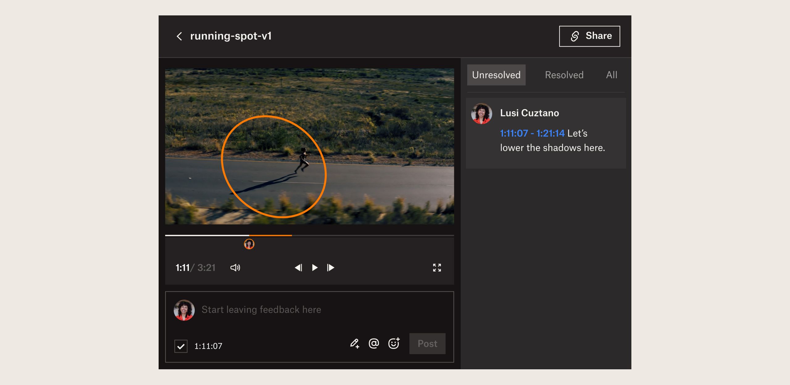 Dropbox Replay で動画をレビューおよび承認する方法を示す製品ユーザー インターフェース