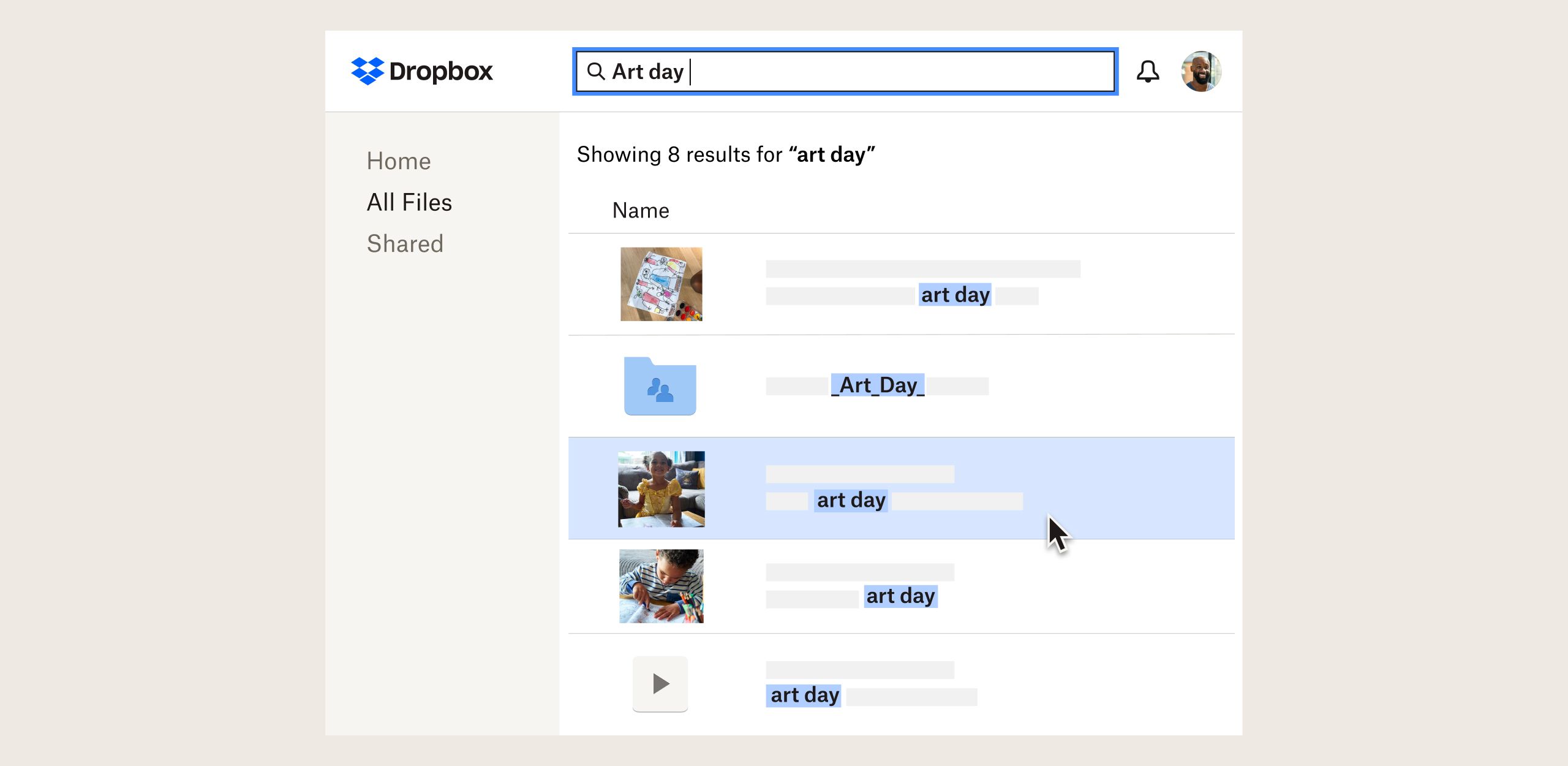 Interface do usuário do produto mostrando a funcionalidade de busca nas pastas do Dropbox