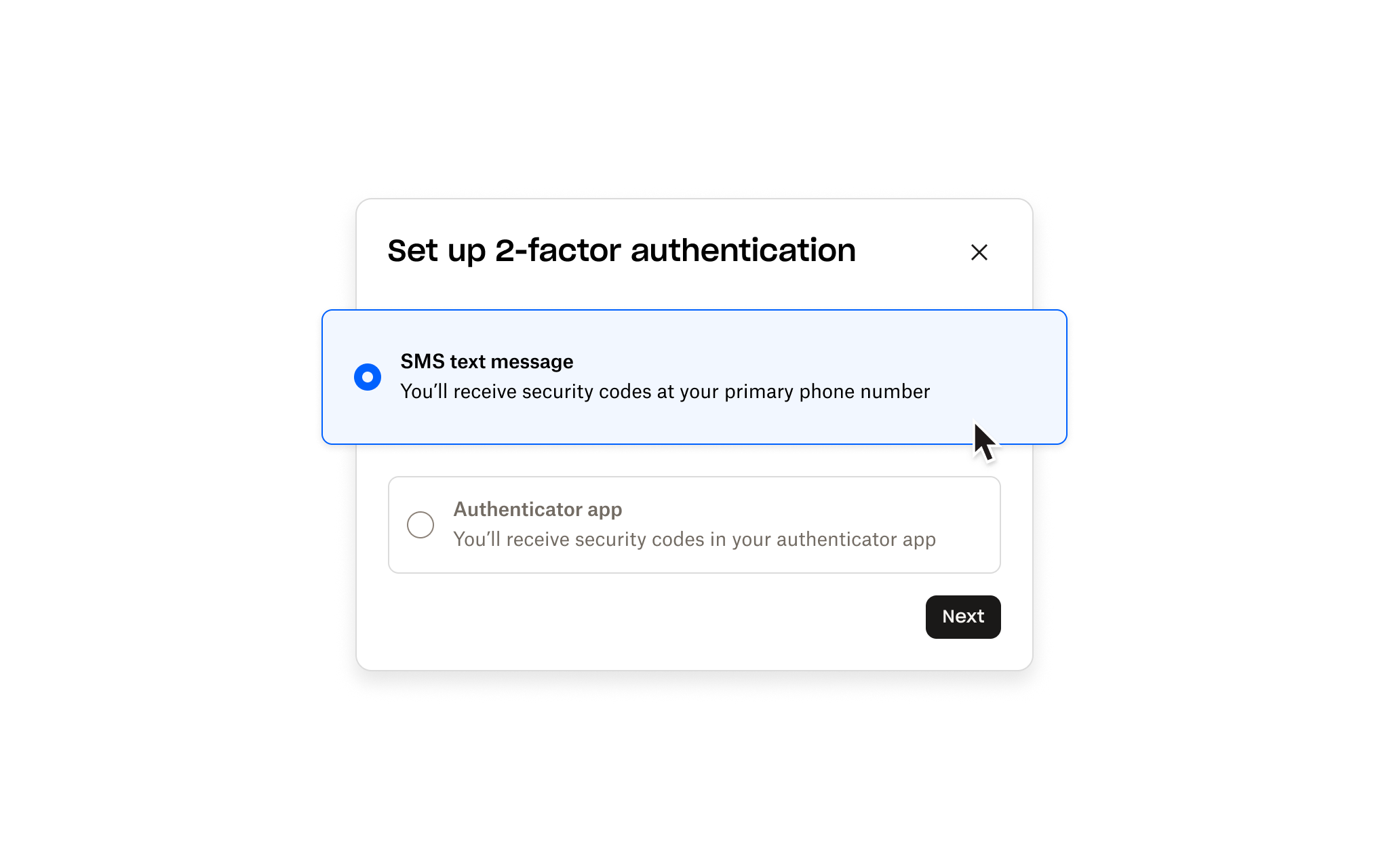 Two-factor authentication setup screen