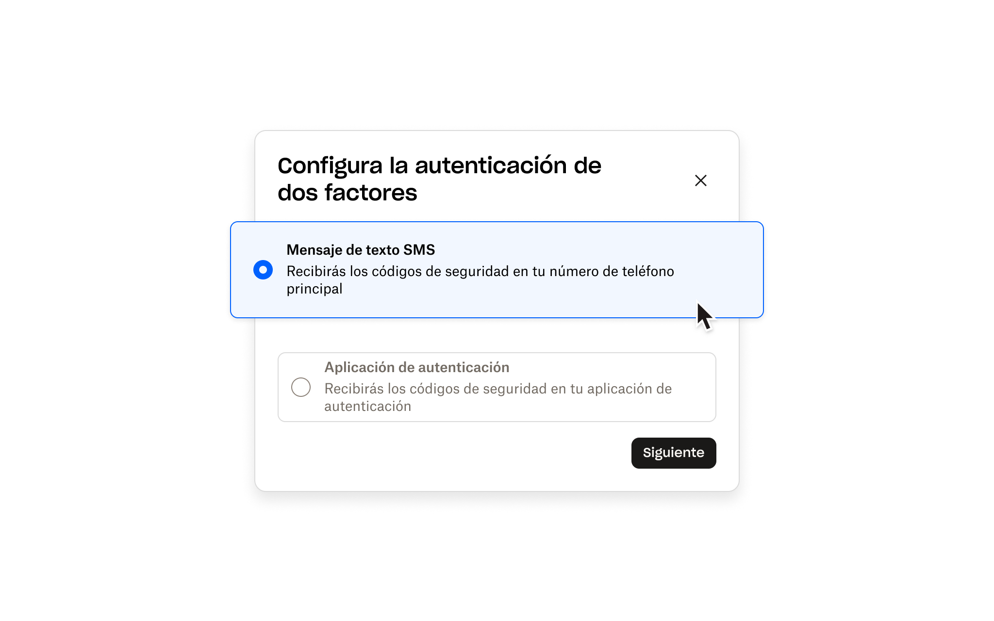 pantalla de configuración de autenticación de dos factores