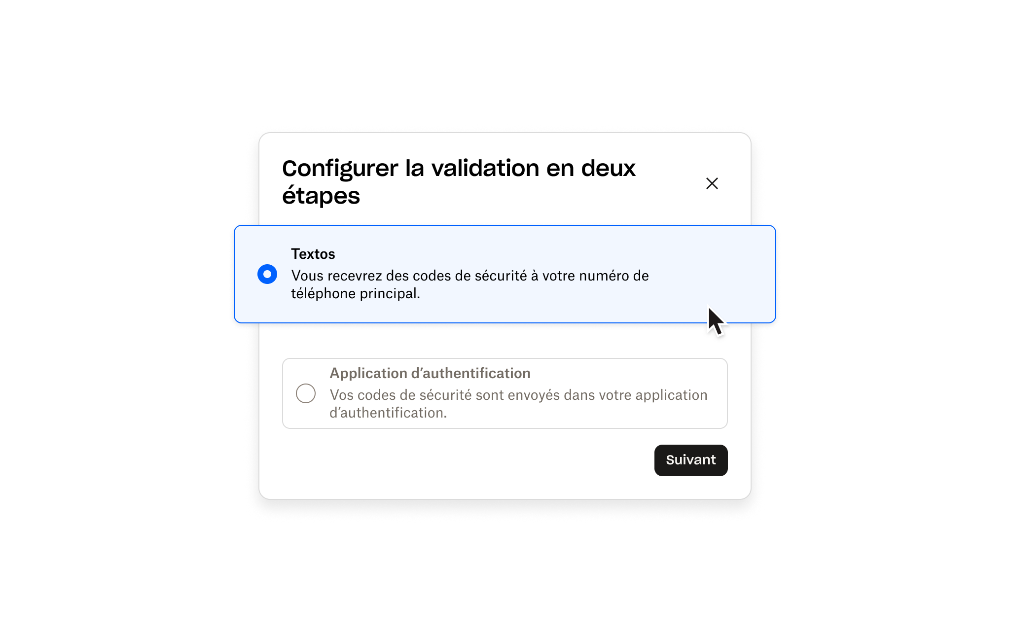 Écran de configuration de la validation en deux étapes