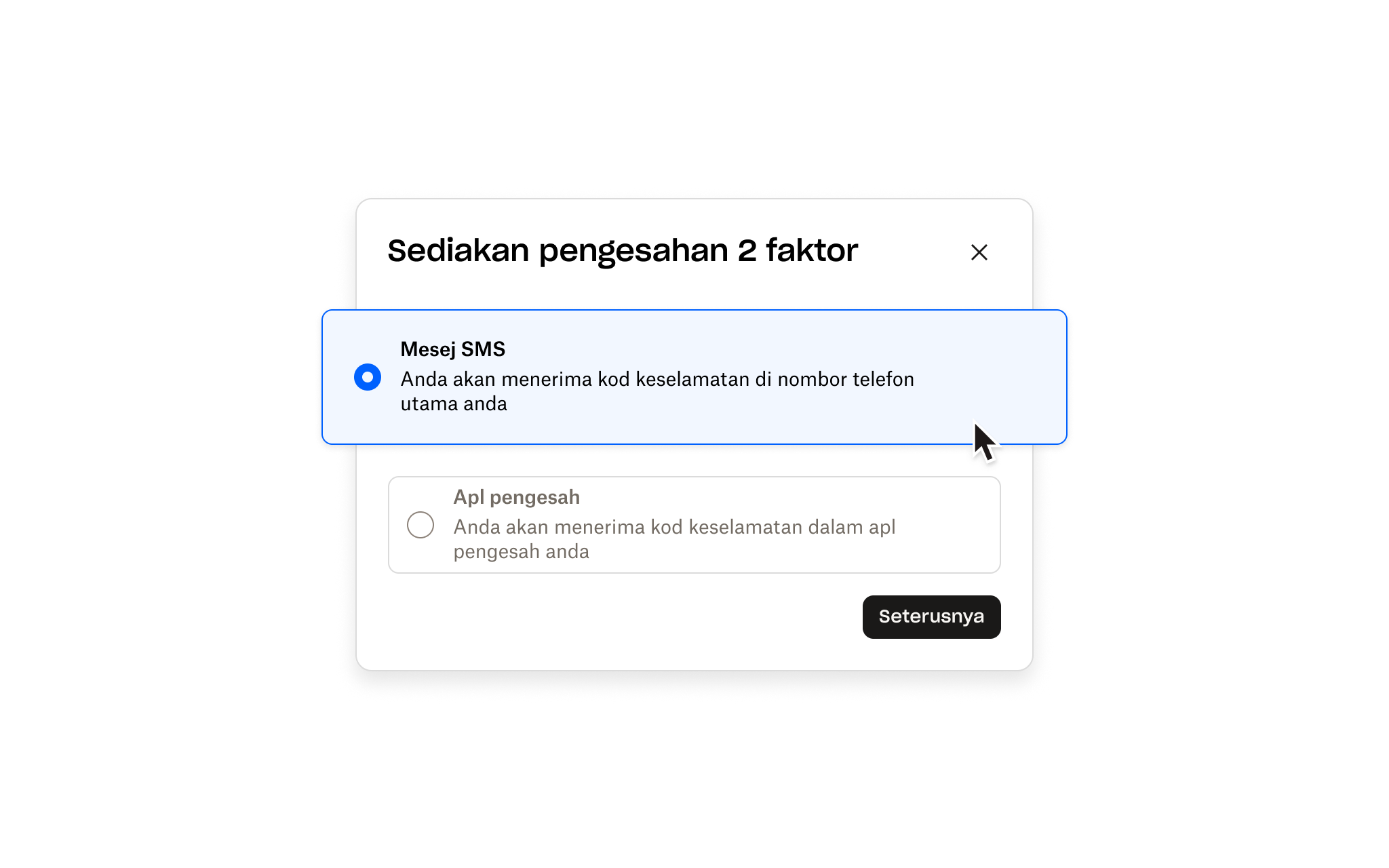 Skrin penyediaan pengesahan dua faktor