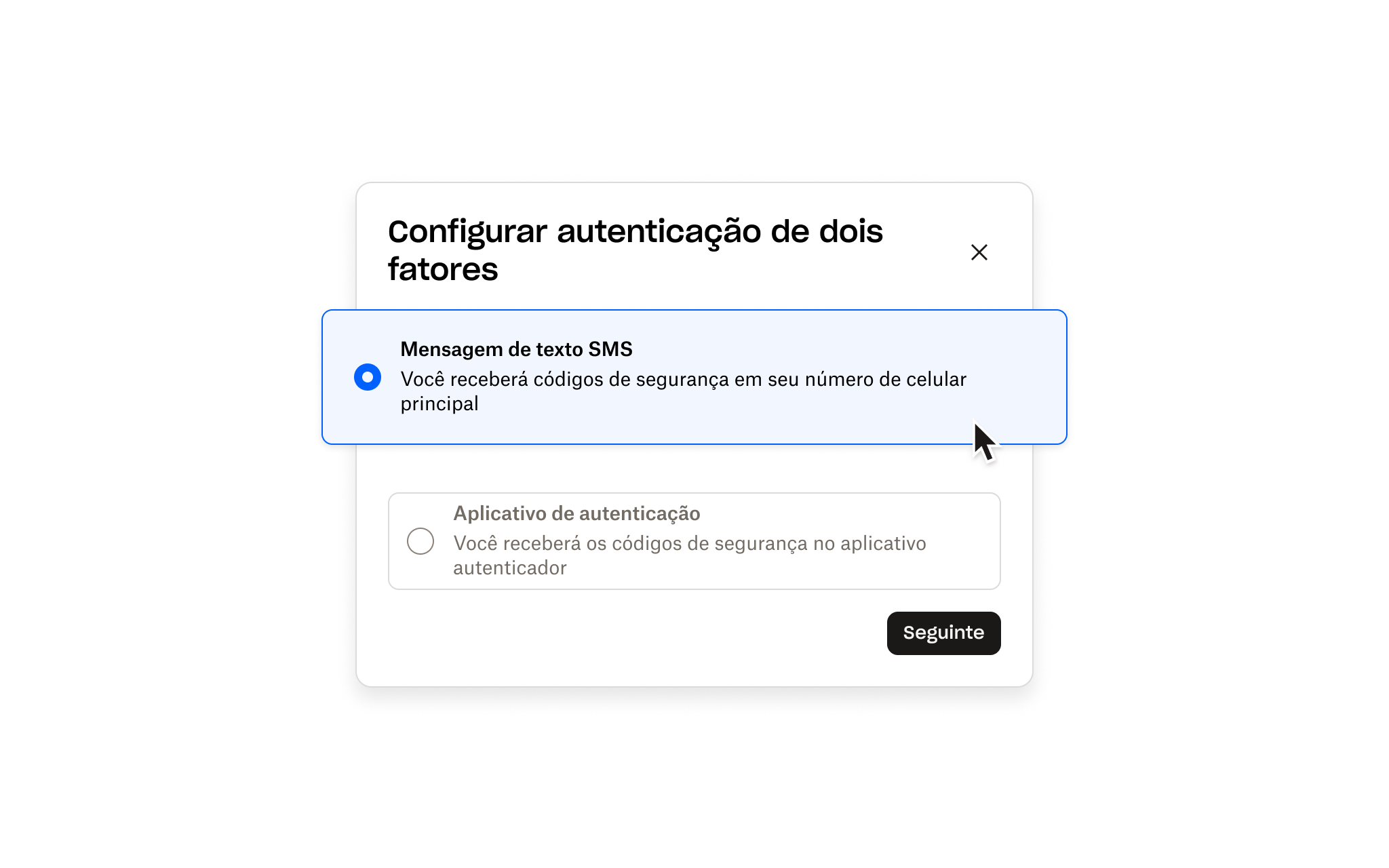 Tela de configuração da autenticação em dois passos