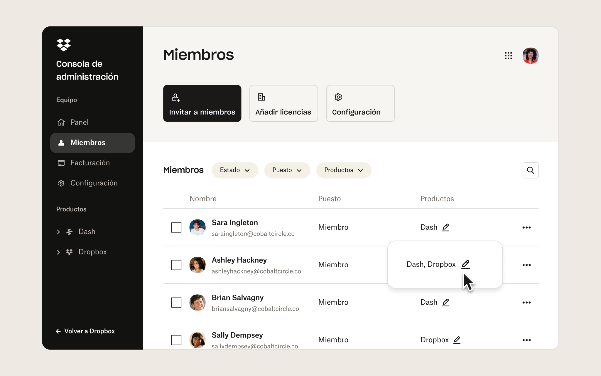Interfaz de la Consola de administración en Dropbox