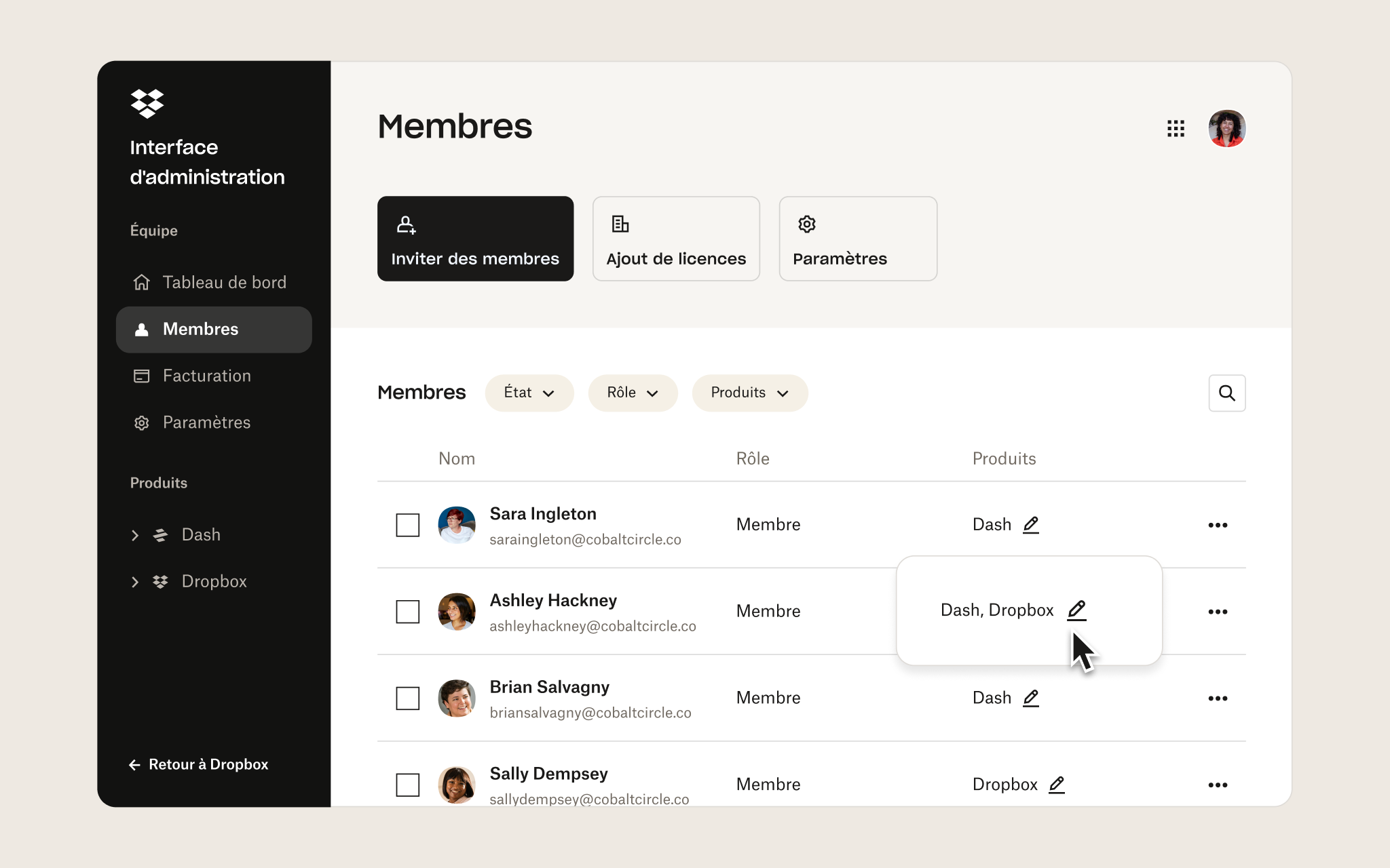 Interface d’administration dans Dropbox