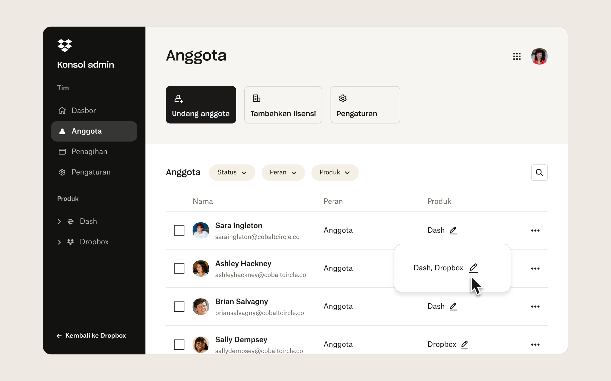Antarmuka konsol admin di Dropbox
